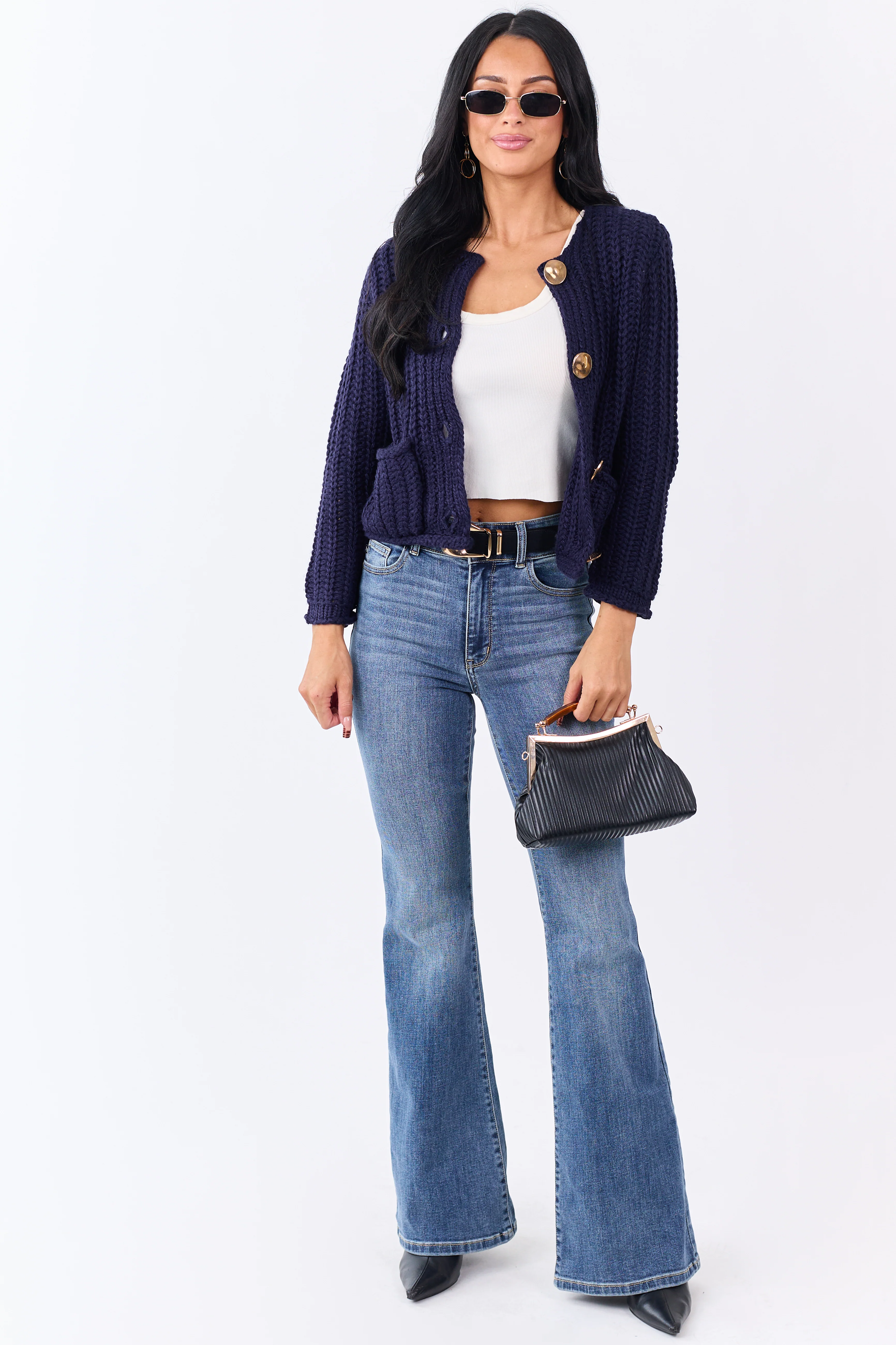Navy Chunky Rib Knit Button Down Cardigan - Image 4
