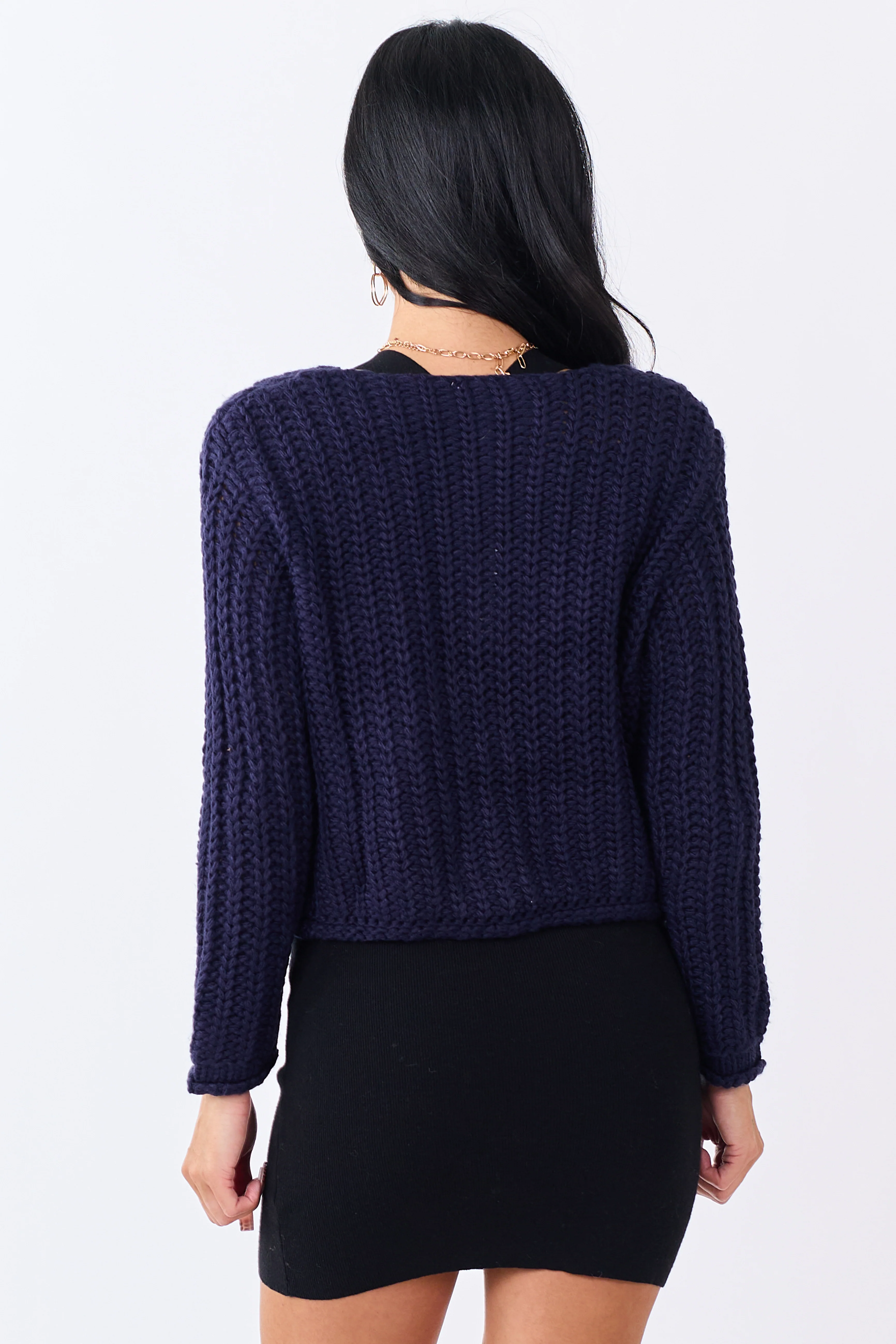 Navy Chunky Rib Knit Button Down Cardigan - Image 6
