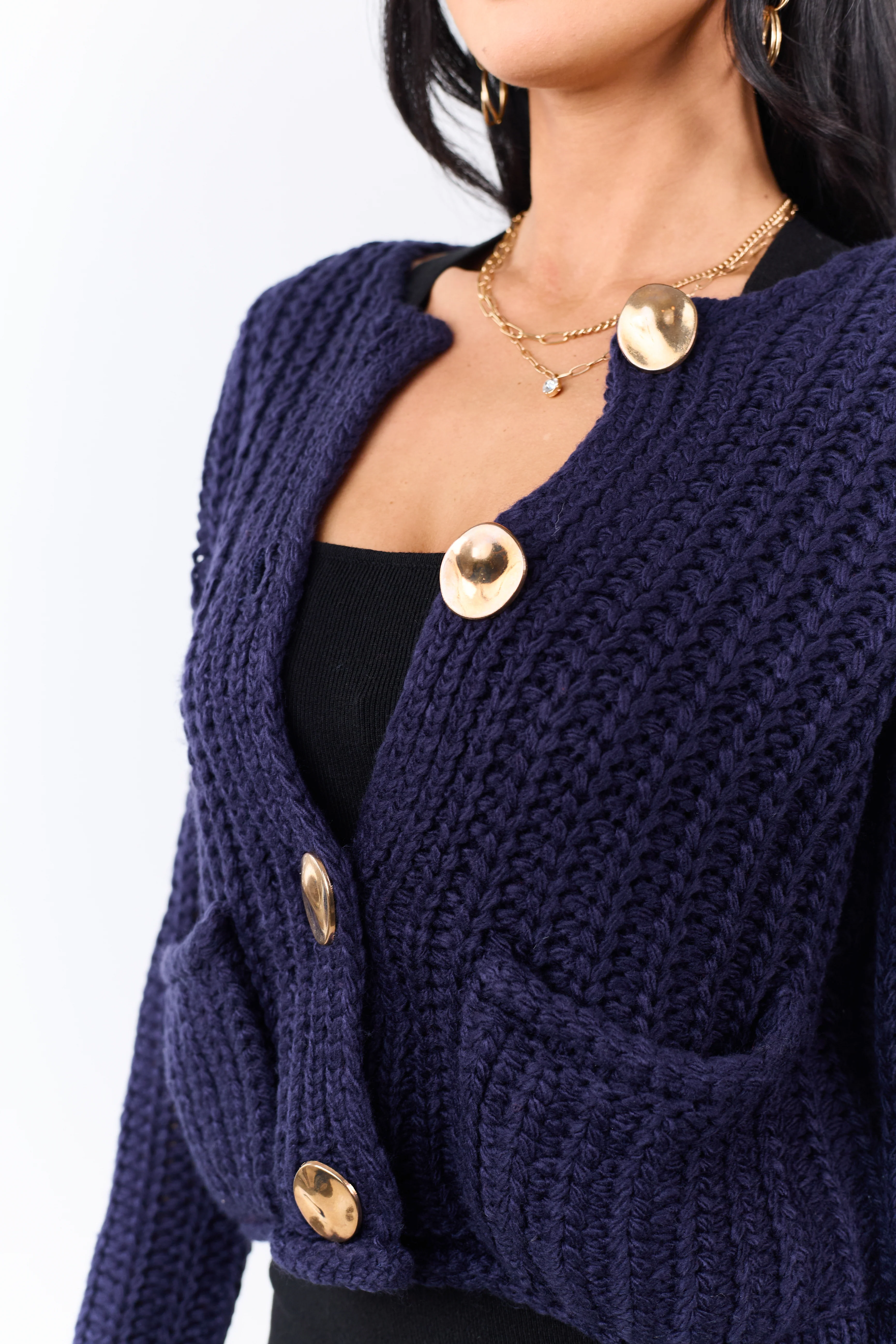 Navy Chunky Rib Knit Button Down Cardigan - Image 7