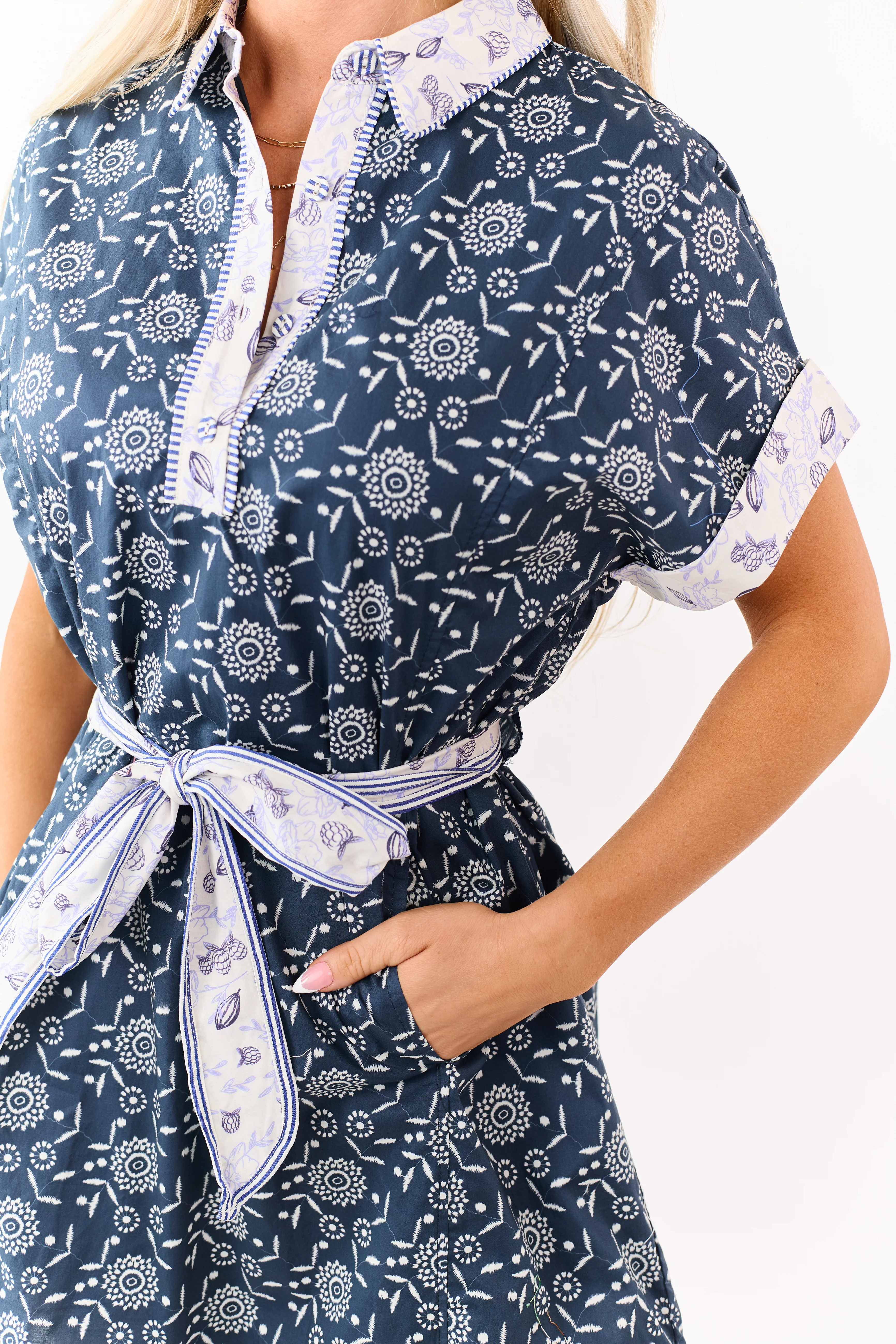 Navy Cotton Floral Contrast Print Mini Dress - Image 6