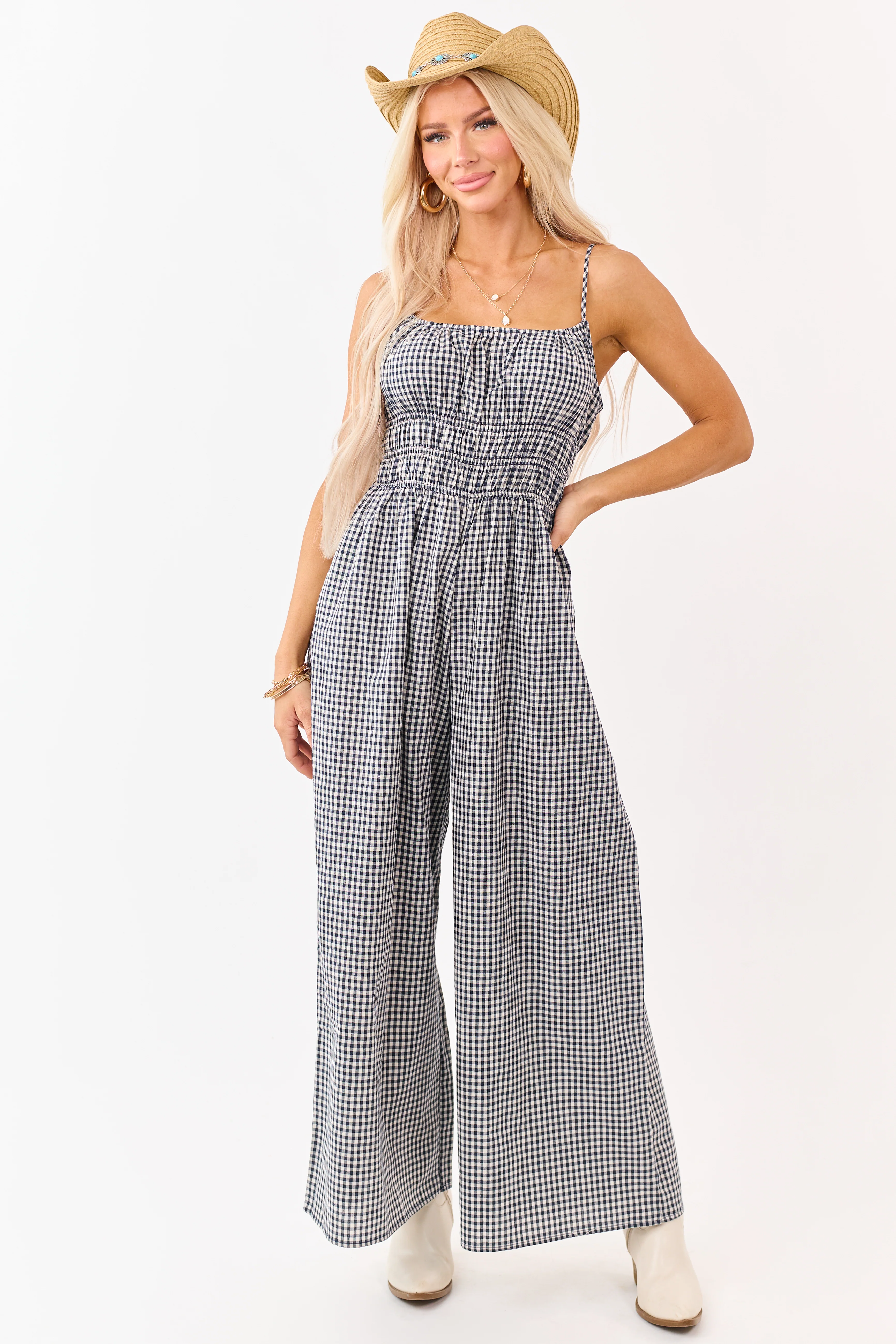 Navy and Cream Gingham Wide Leg Cotton Jumpsuit - Image 4