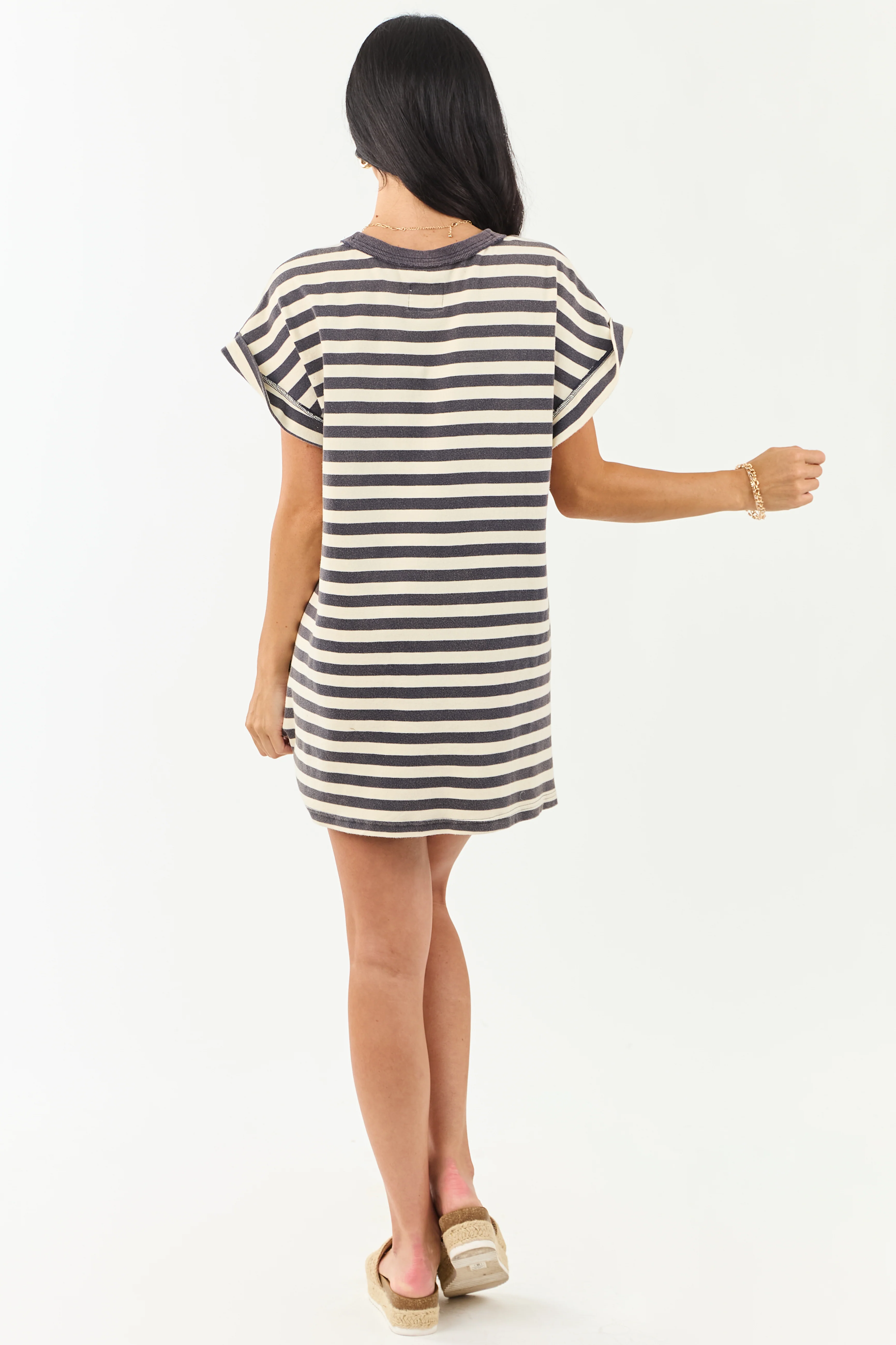 Navy and Cream Striped Cotton Tee Shirt Dress - Image 6