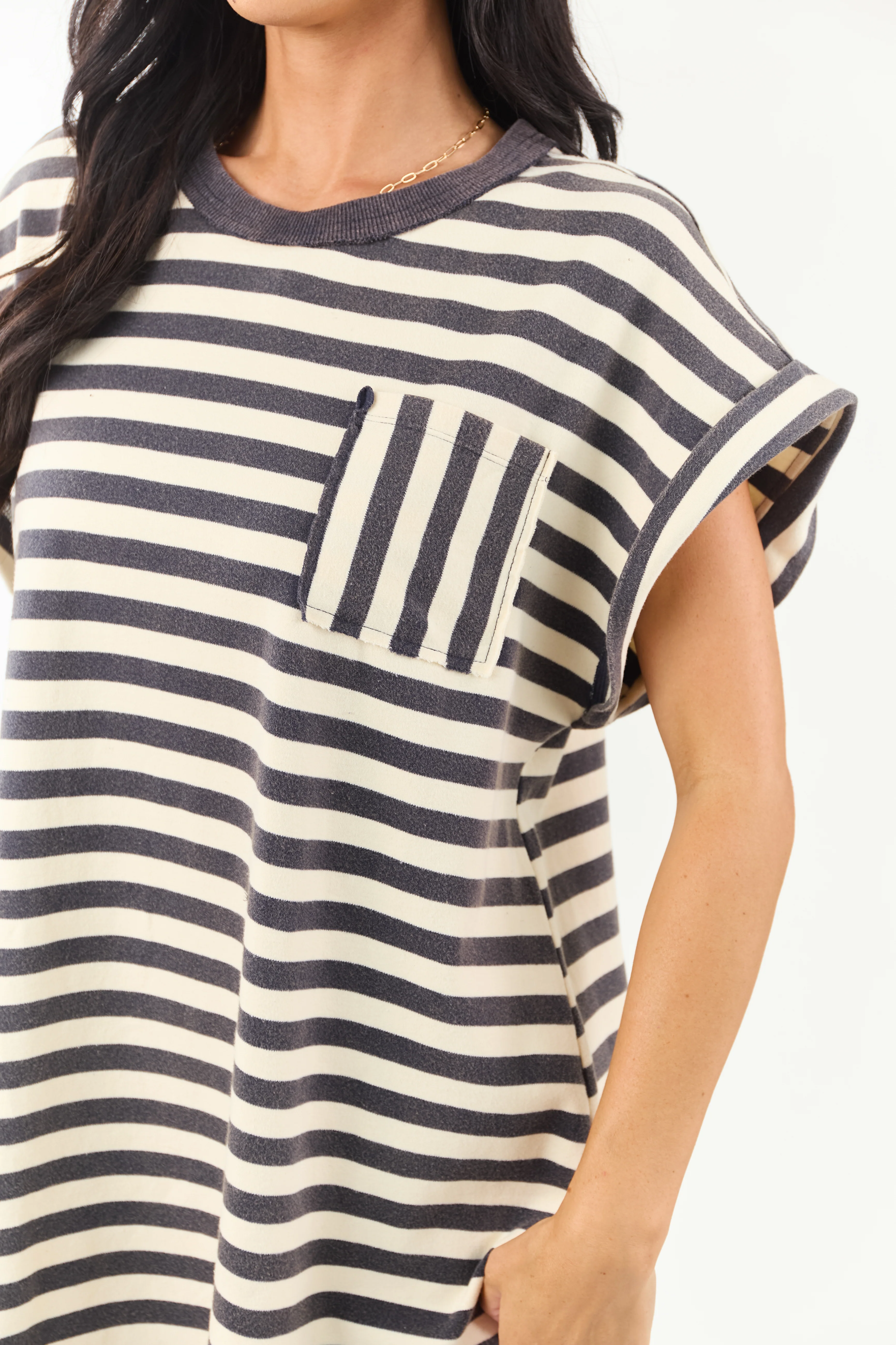 Navy and Cream Striped Cotton Tee Shirt Dress - Image 7