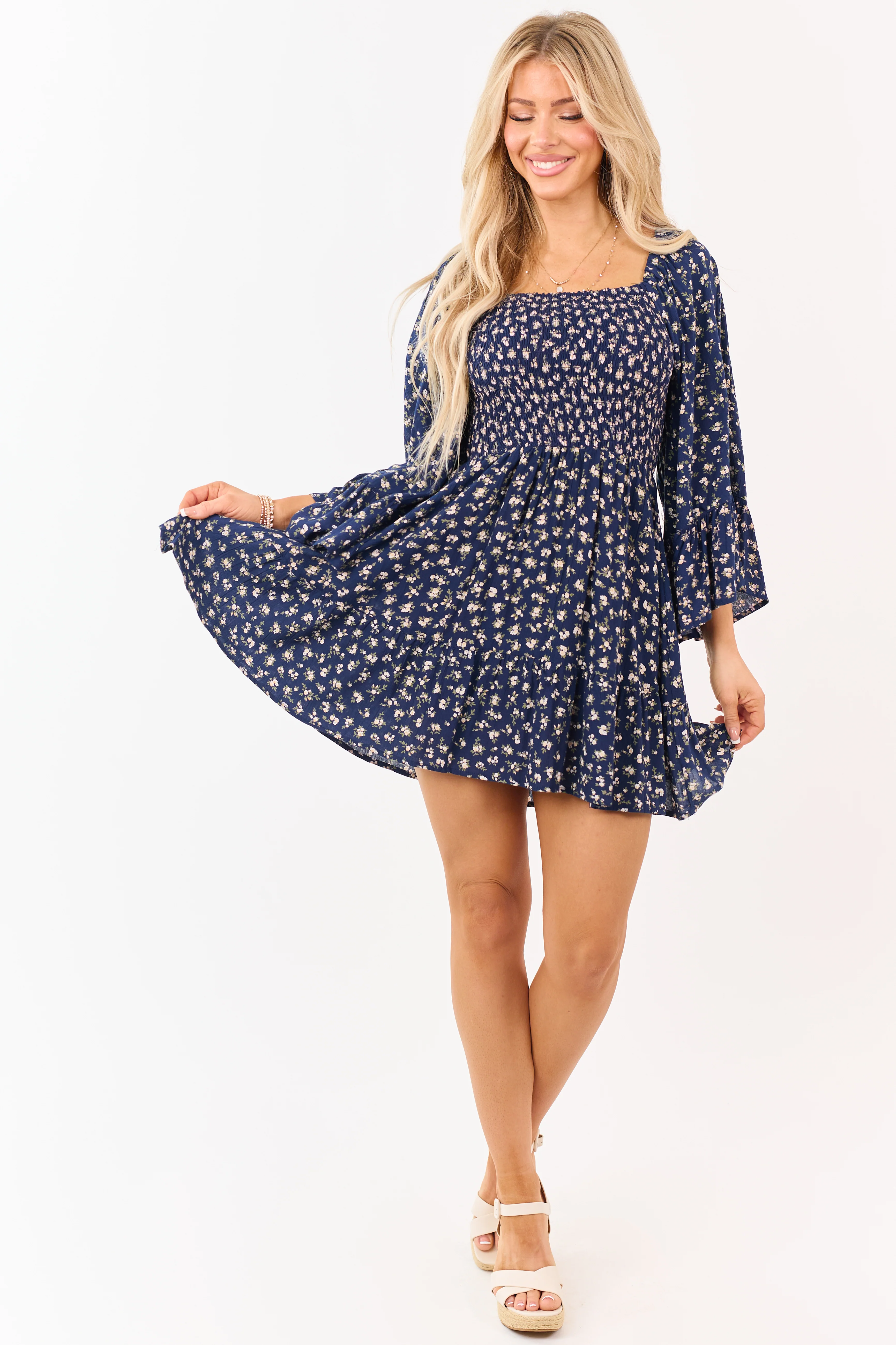 Navy Ditsy Floral Flutter Sleeve Smocked Mini Dress - Image 2
