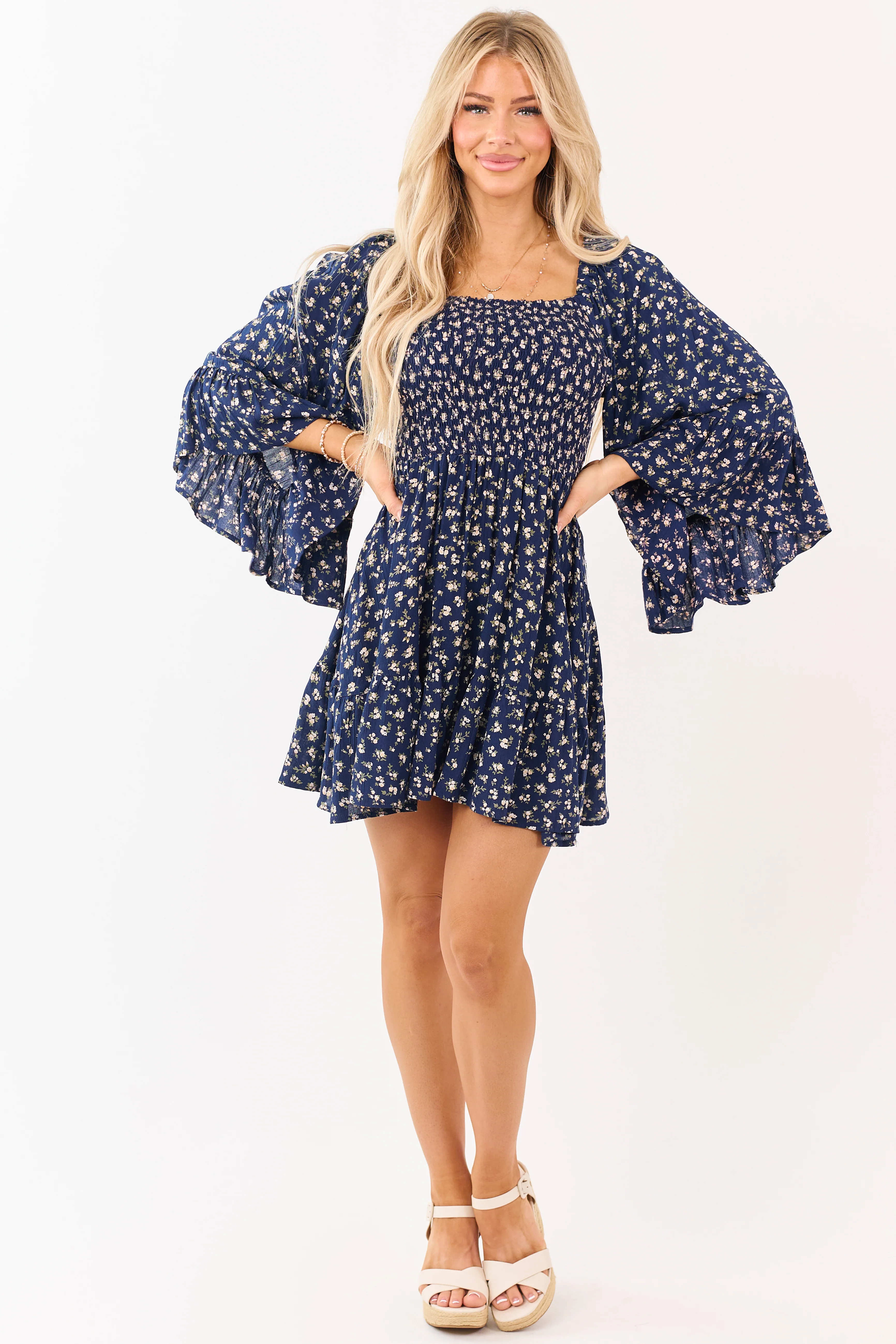 Navy Ditsy Floral Flutter Sleeve Smocked Mini Dress - Image 3