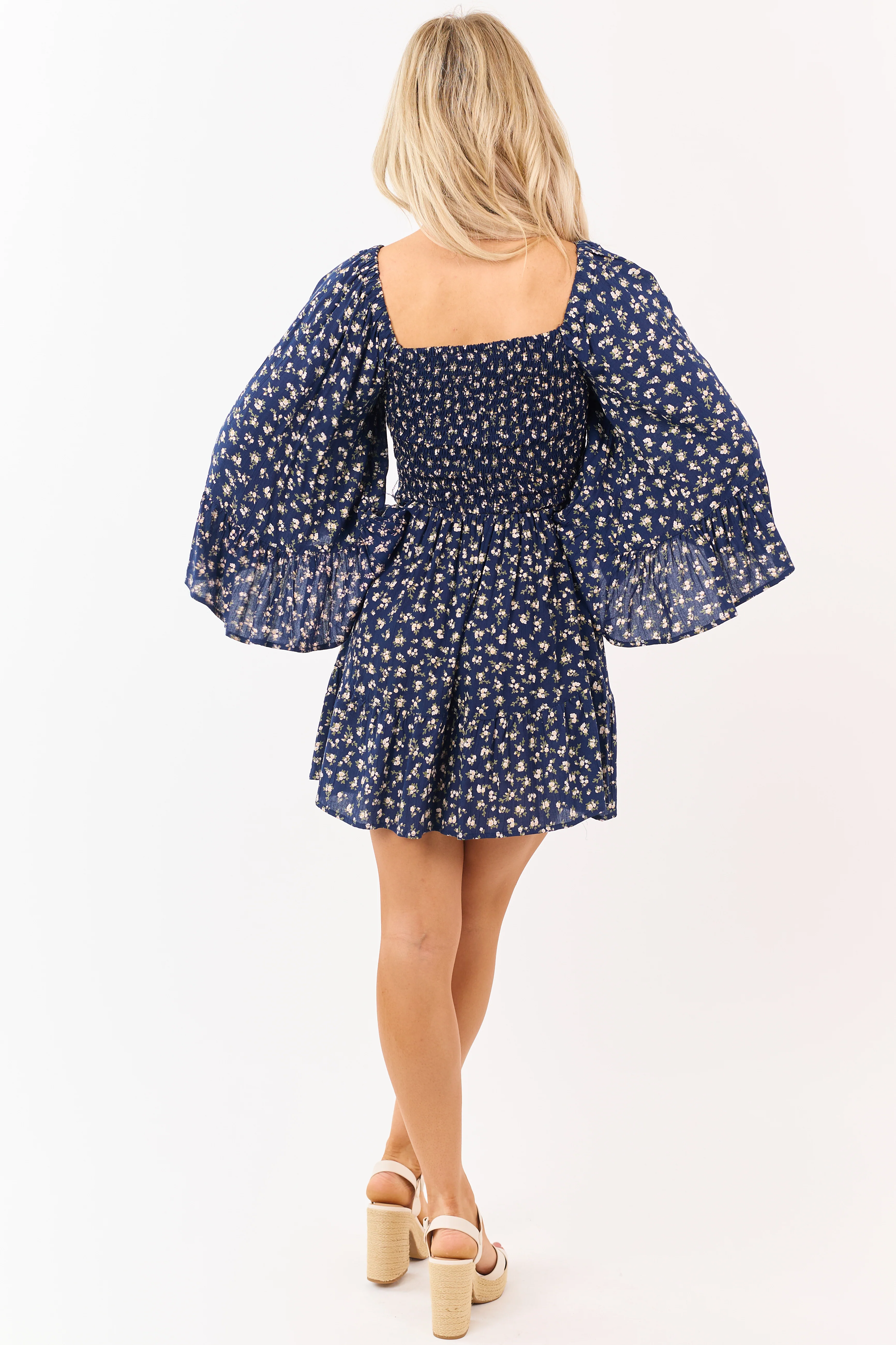 Navy Ditsy Floral Flutter Sleeve Smocked Mini Dress - Image 6