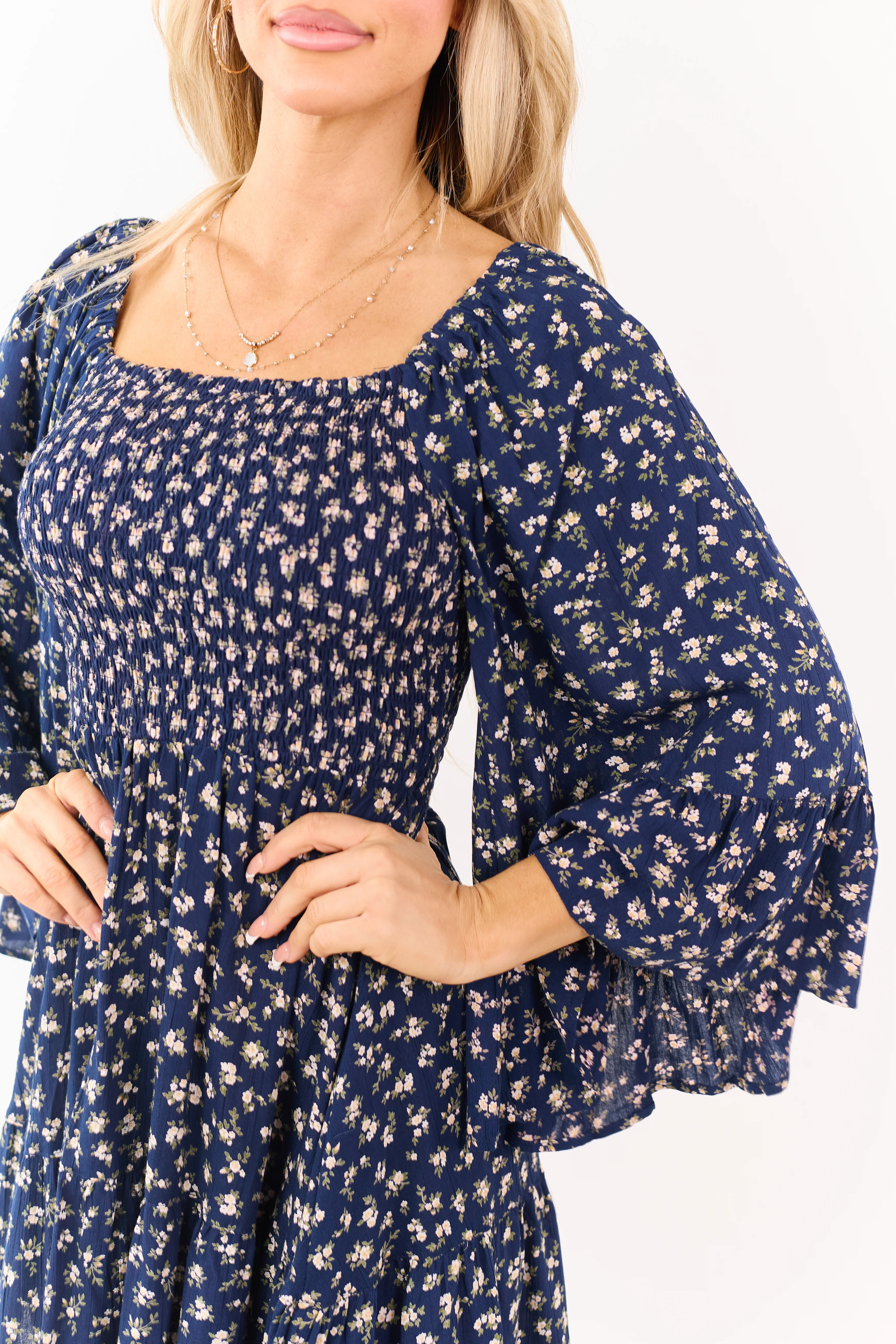 Navy Ditsy Floral Flutter Sleeve Smocked Mini Dress - Image 7