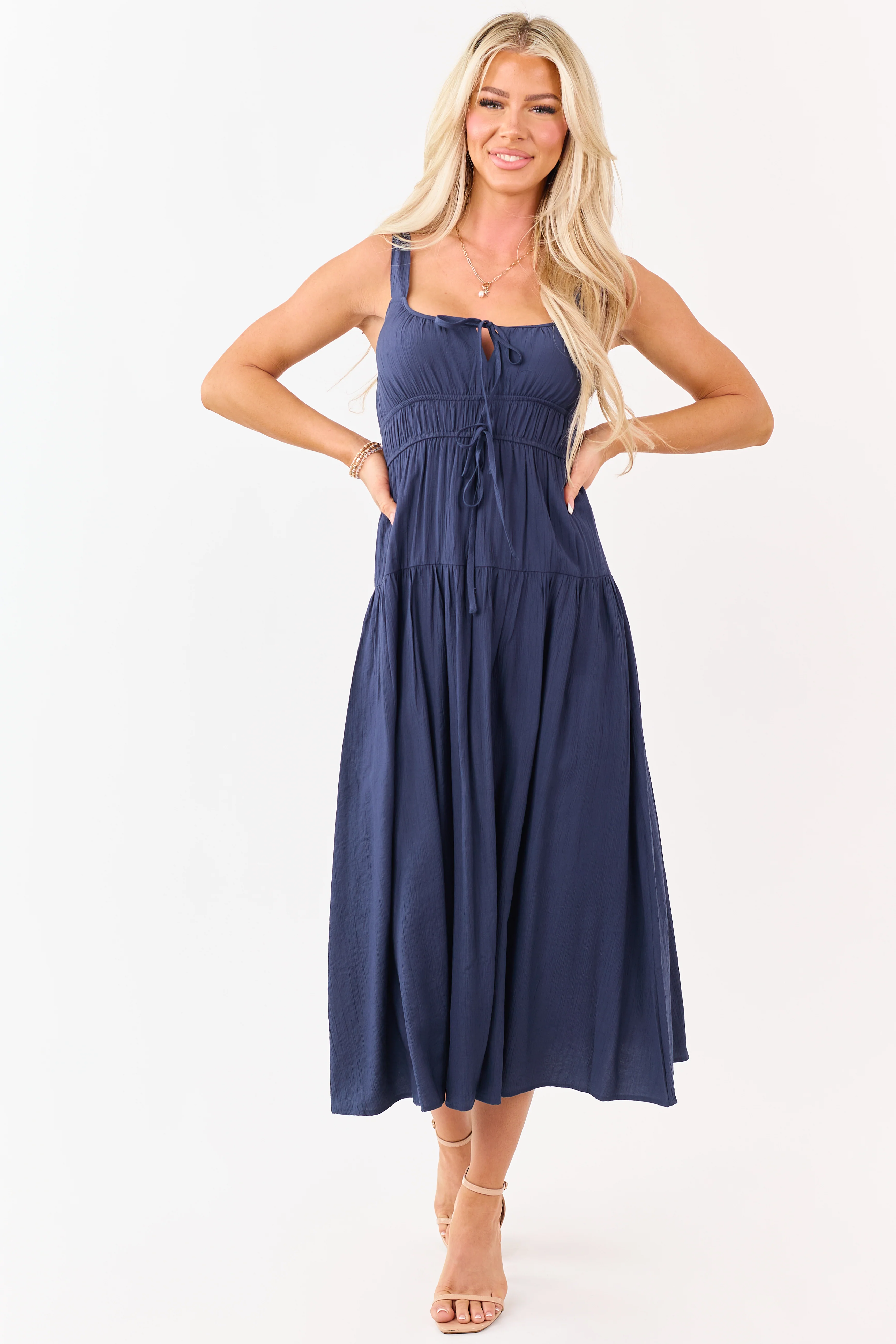 Navy Elastic Waist Sleeveless Midi Dress - Image 4