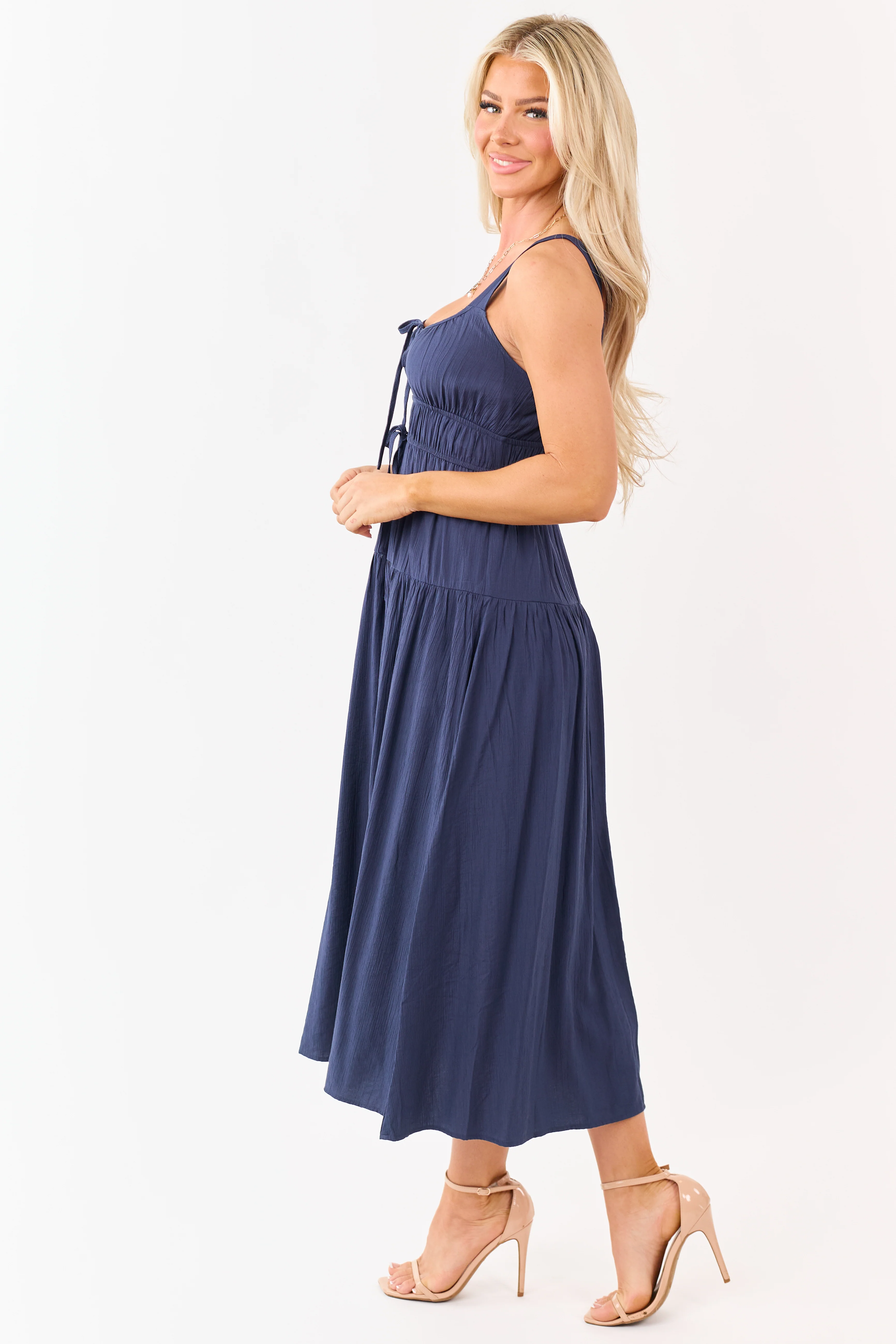 Navy Elastic Waist Sleeveless Midi Dress - Image 5