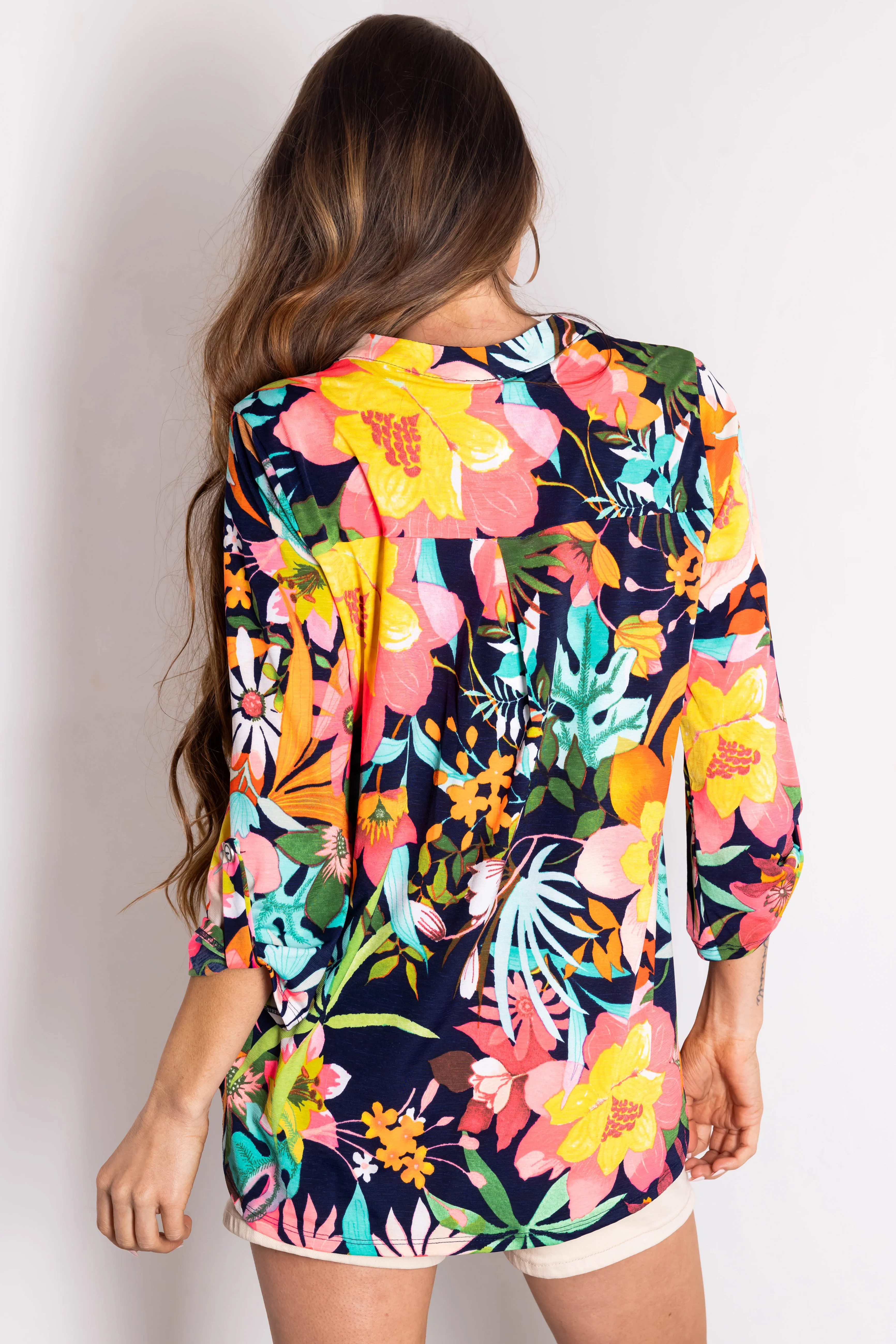 Navy Floral Print 3/4 Sleeve V Neck Knit Top - Image 5