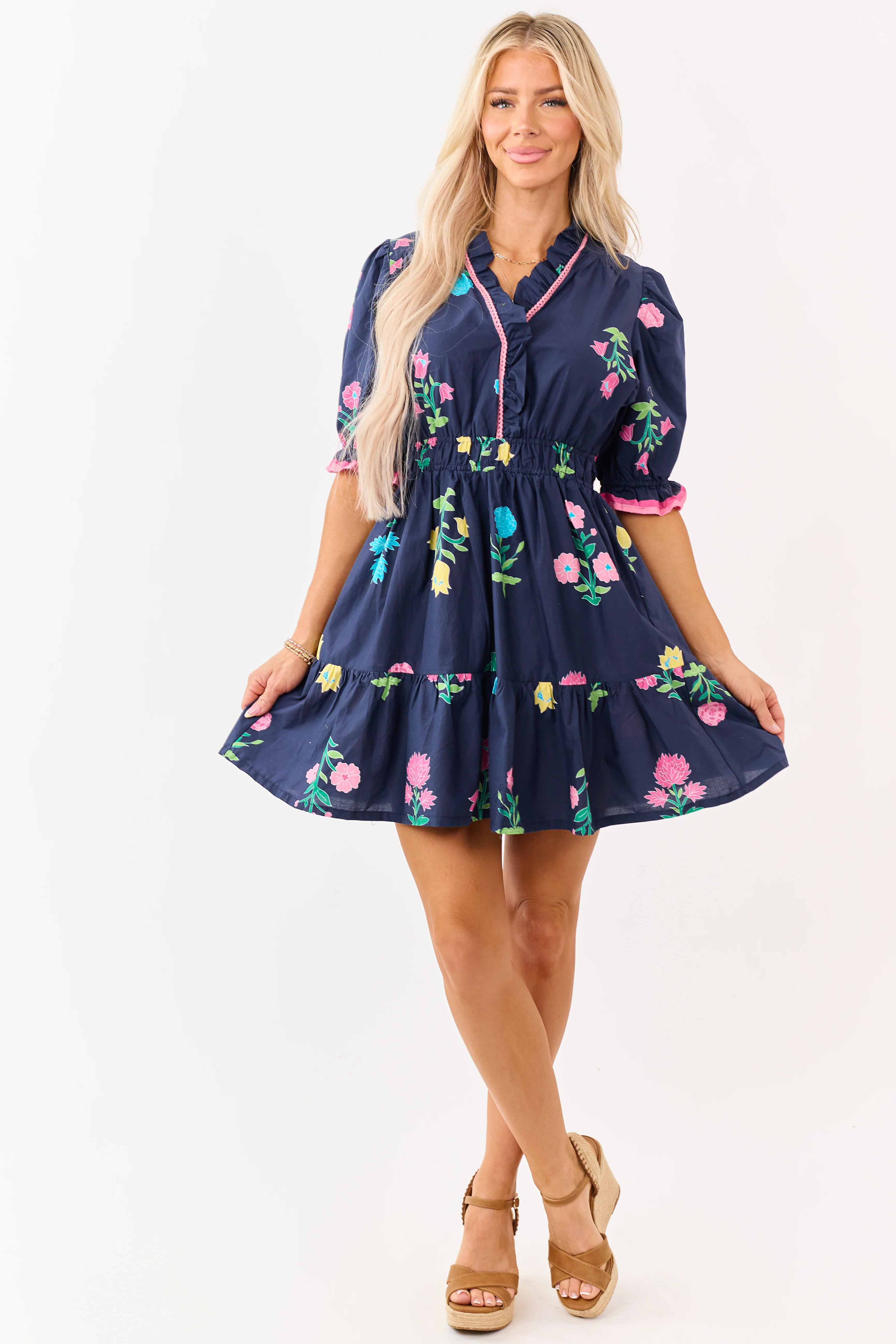 Navy Floral Print Puff Sleeve Cotton Mini Dress - Image 2