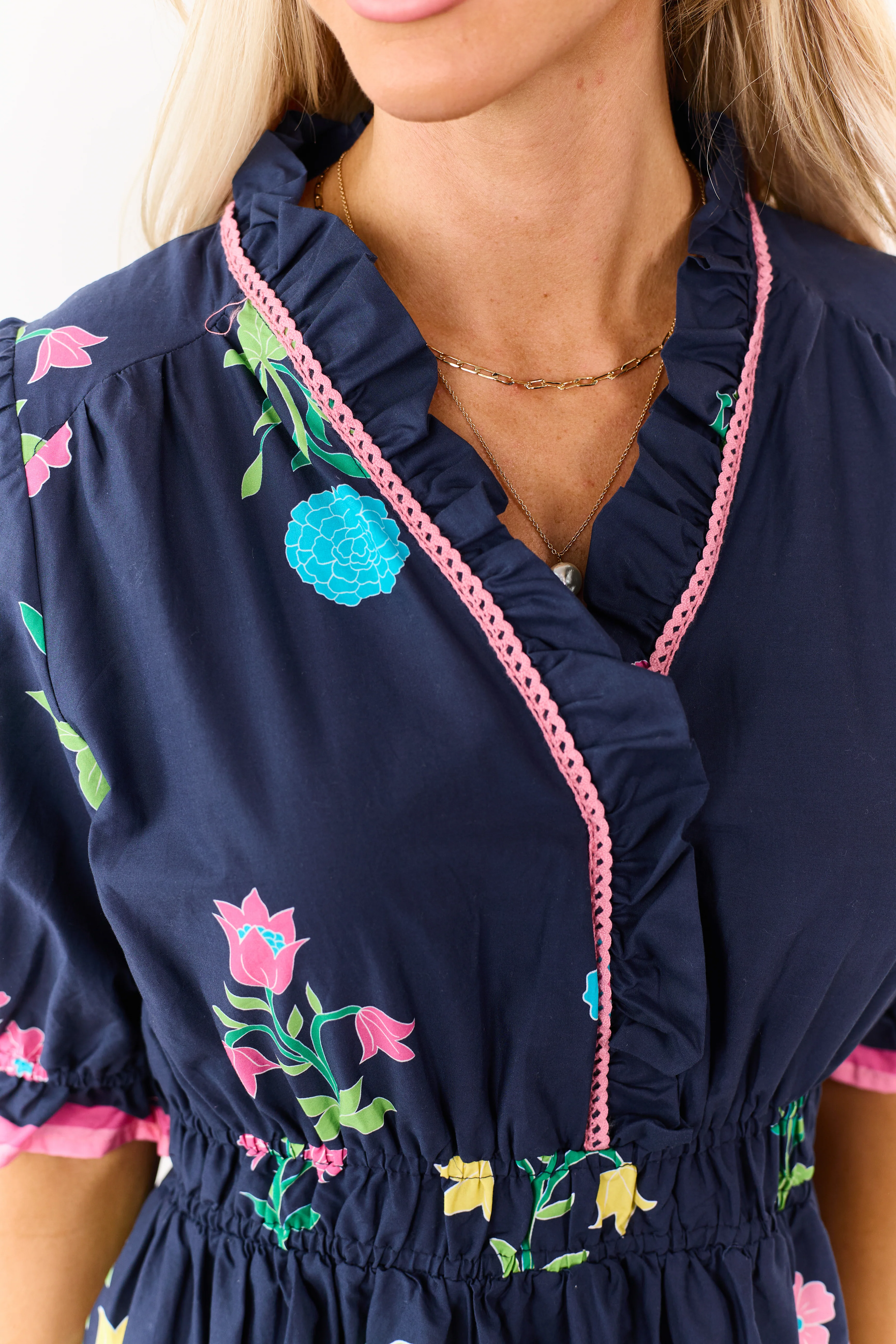 Navy Floral Print Puff Sleeve Cotton Mini Dress - Image 6