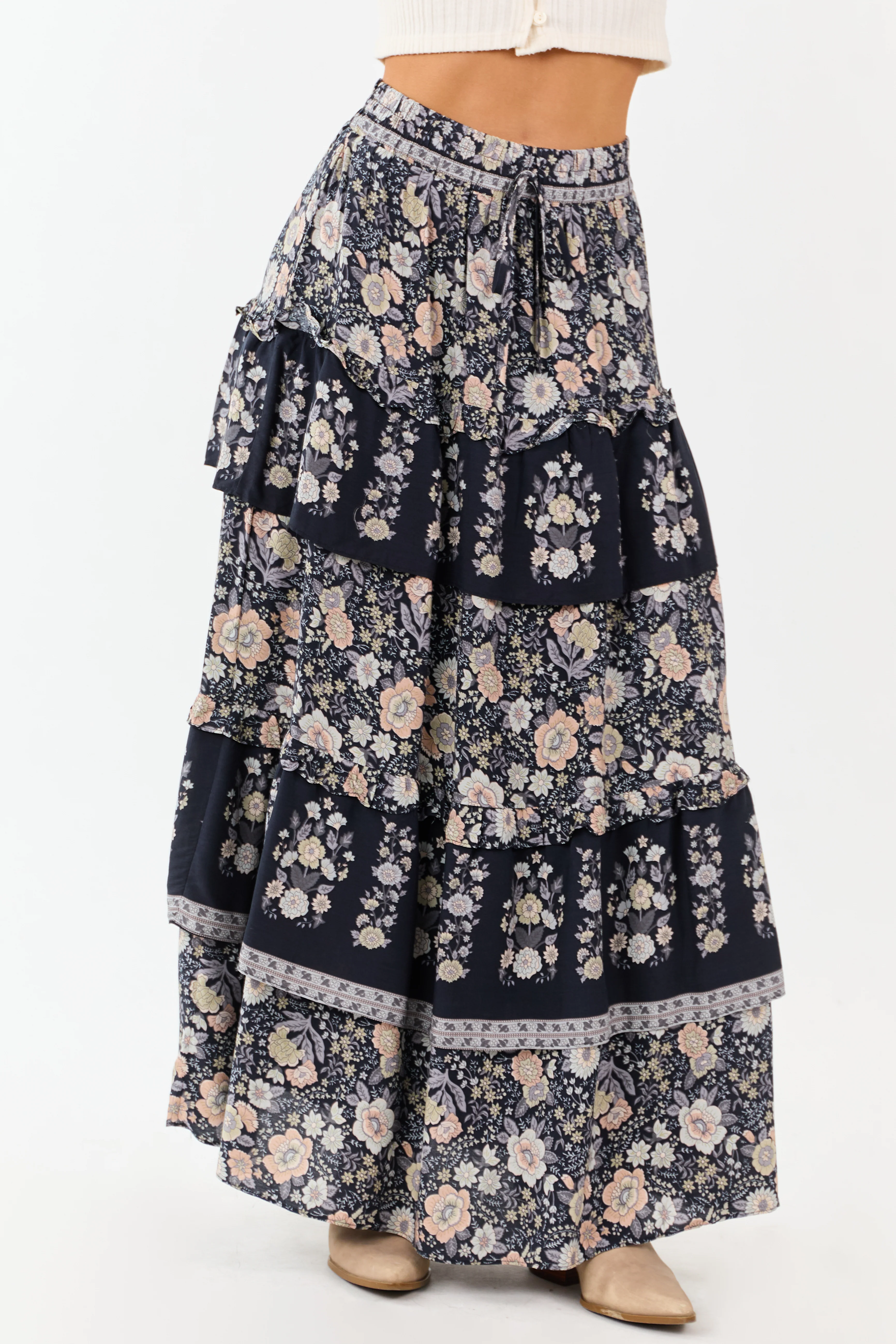Navy Floral Print Ruffle Tiered Maxi Skirt - Image 3
