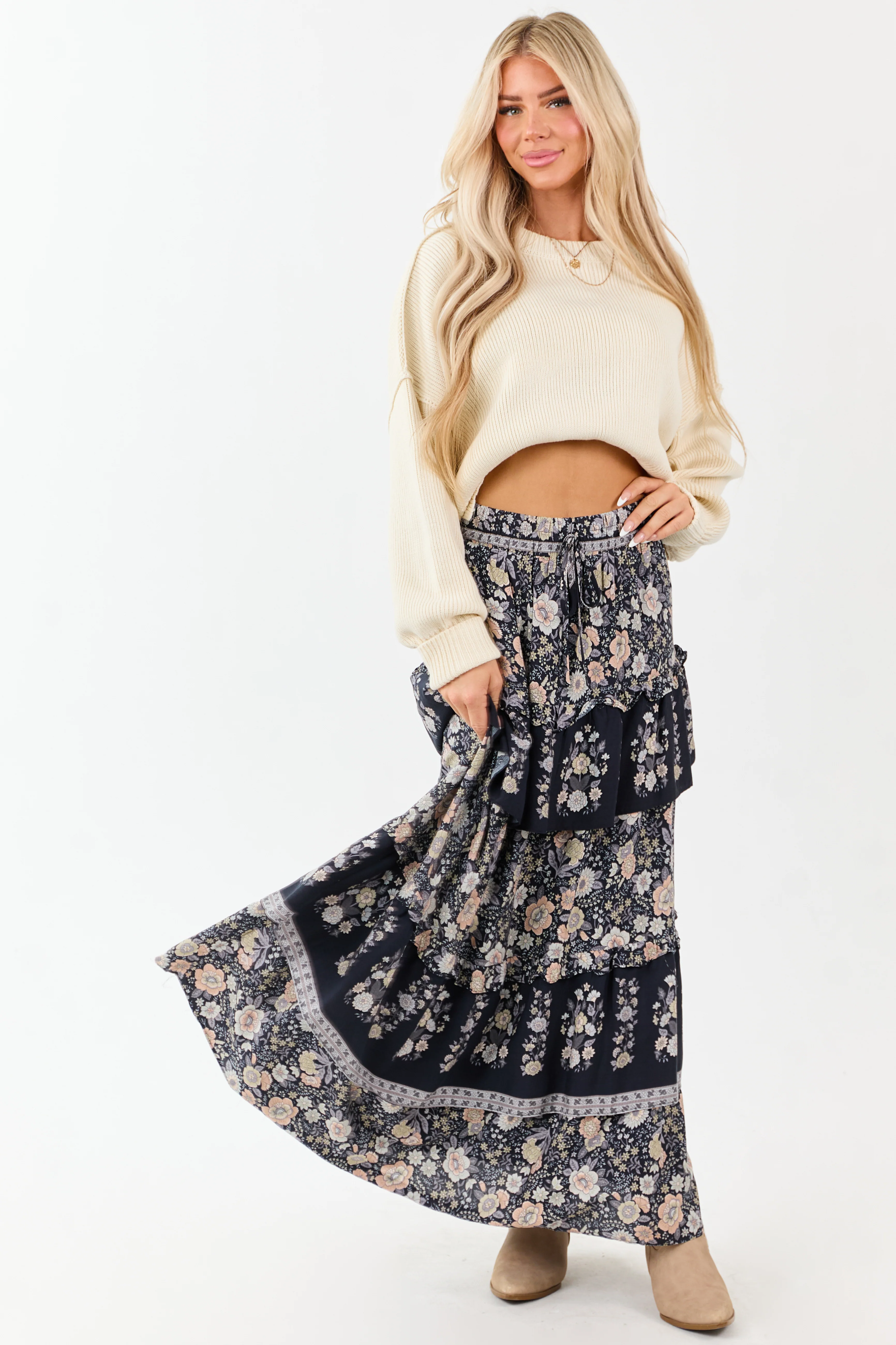 Navy Floral Print Ruffle Tiered Maxi Skirt - Image 6