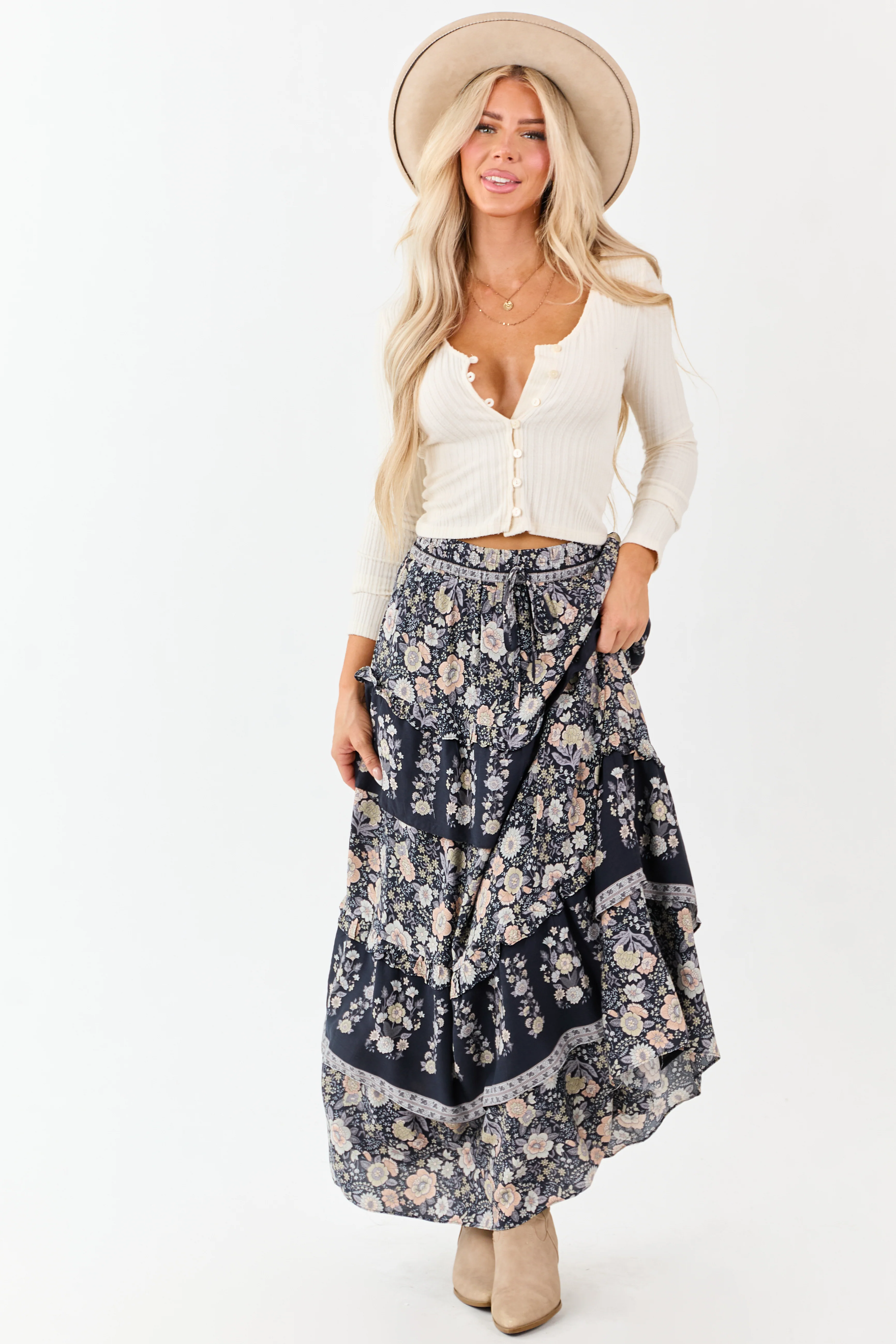 Navy Floral Print Ruffle Tiered Maxi Skirt - Image 7