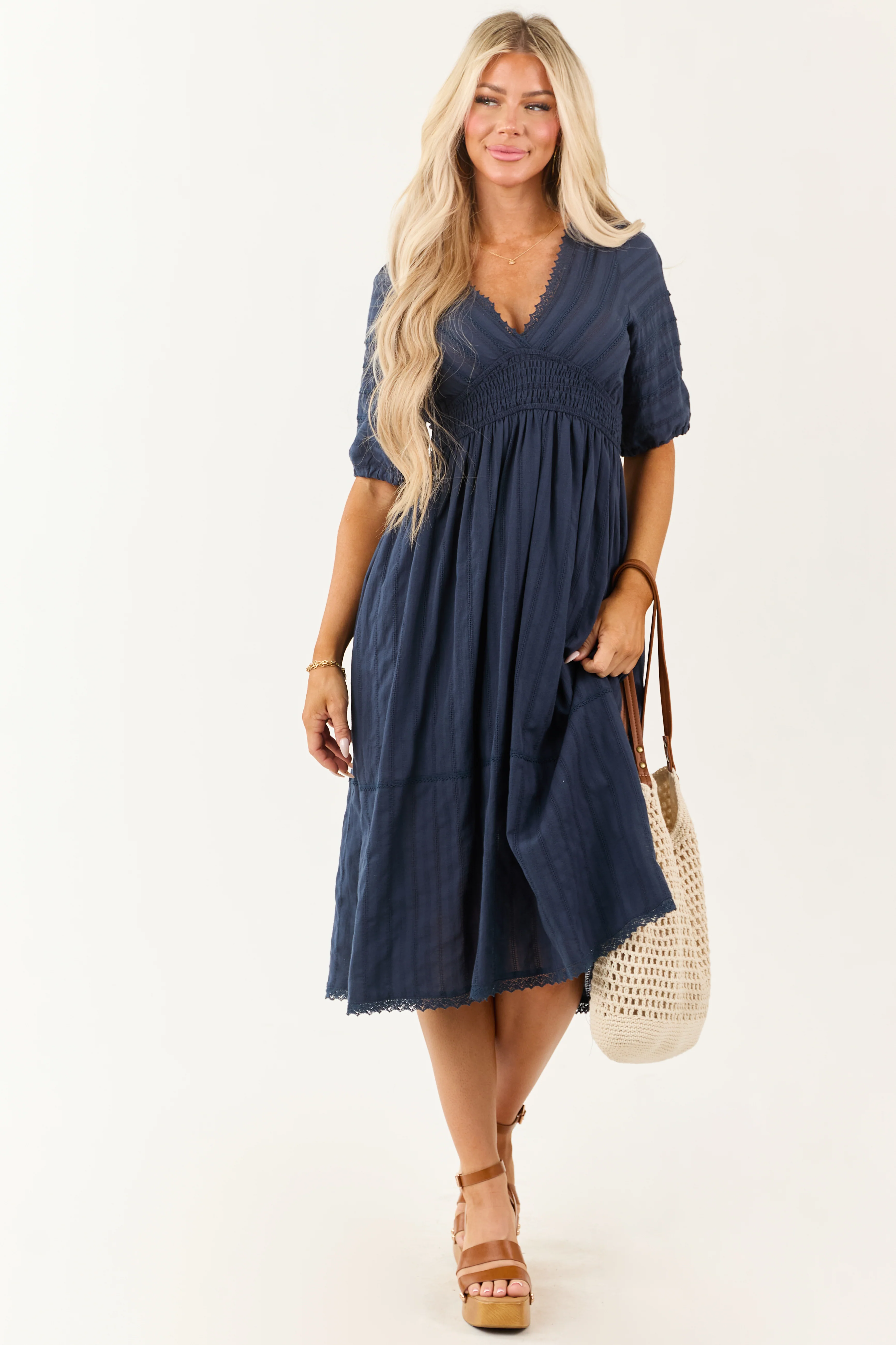 Navy Half Puff Sleeve Lace Trim Cotton Midi Dress - Image 2