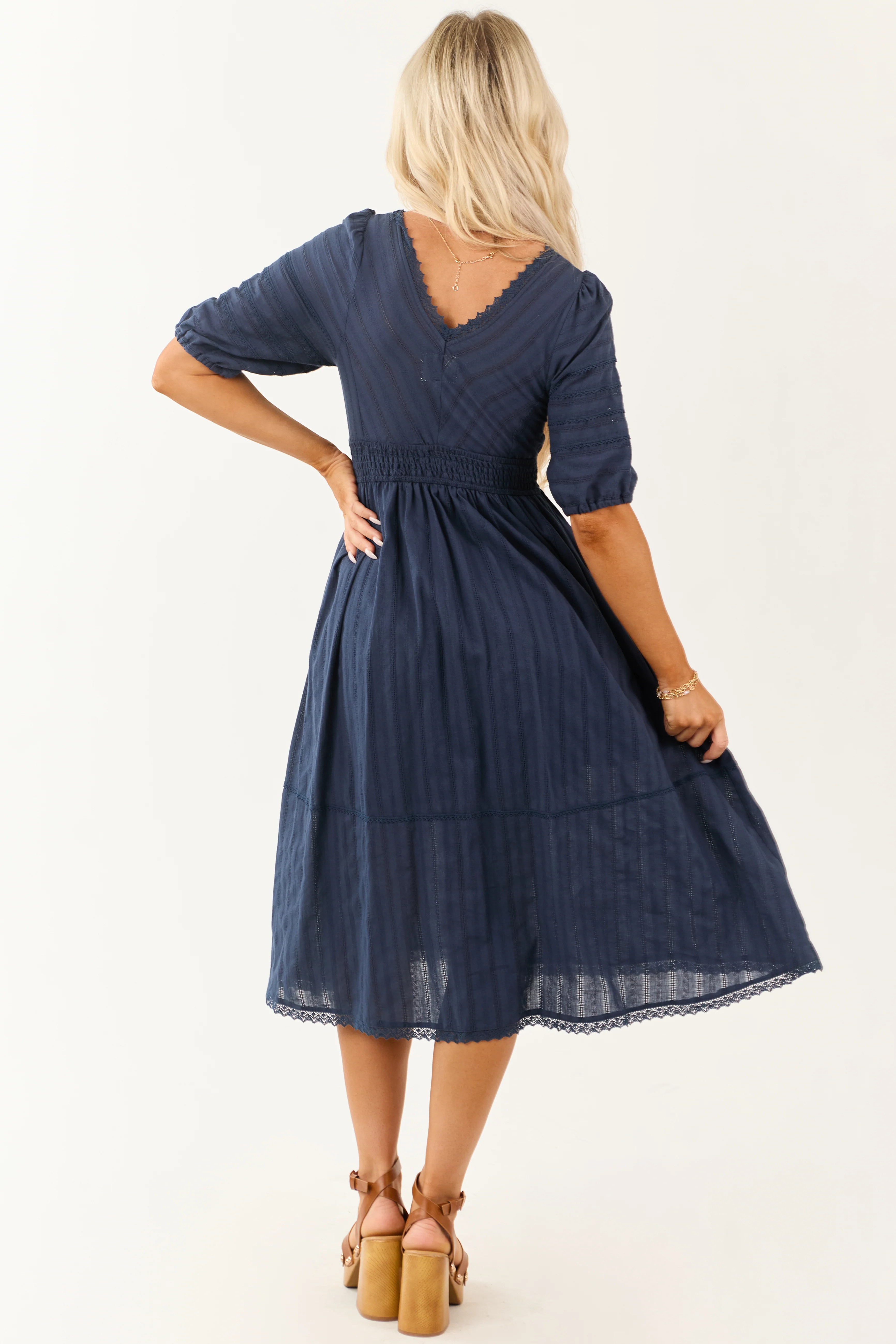 Navy Half Puff Sleeve Lace Trim Cotton Midi Dress - Image 5