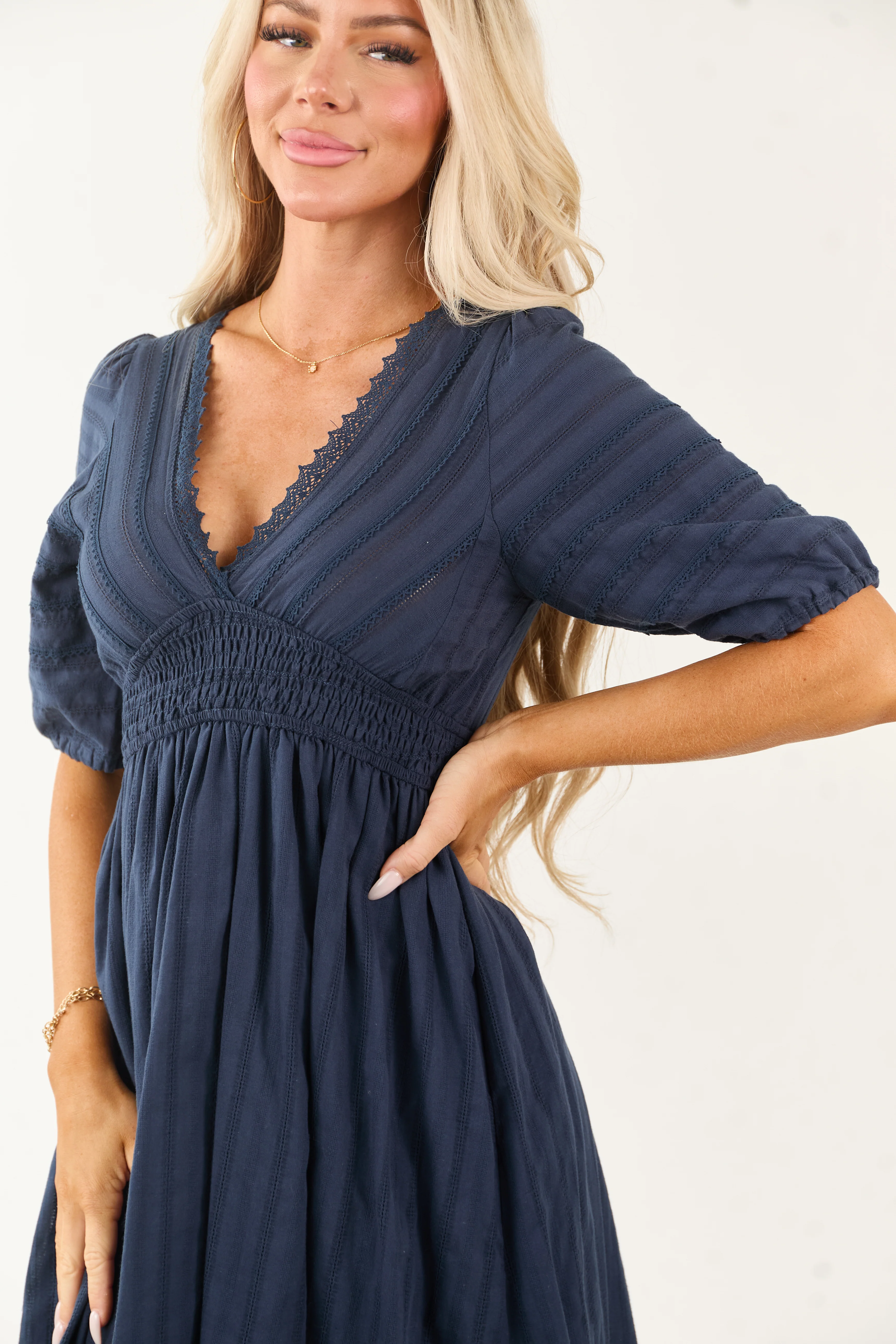 Navy Half Puff Sleeve Lace Trim Cotton Midi Dress - Image 6