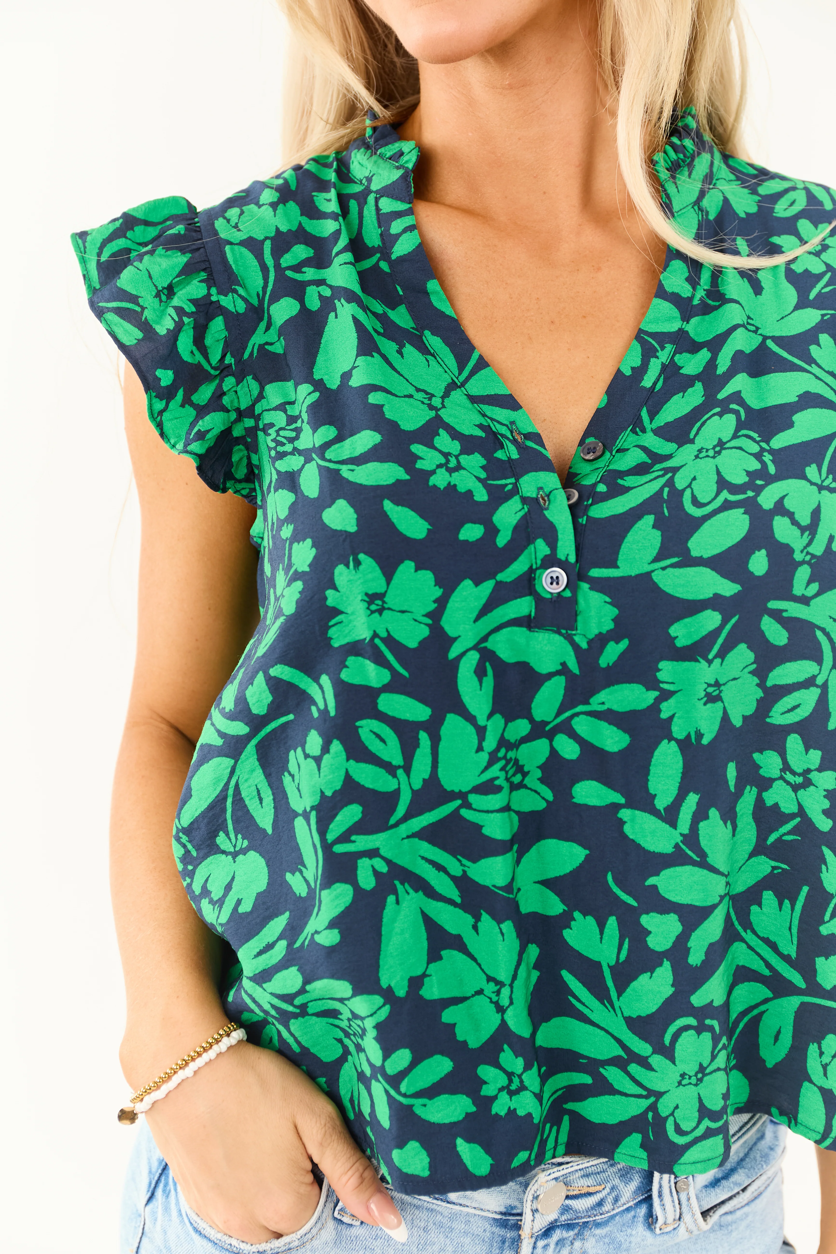 Navy and Jade Floral Print Ruffle Cap Sleeve Top - Image 7