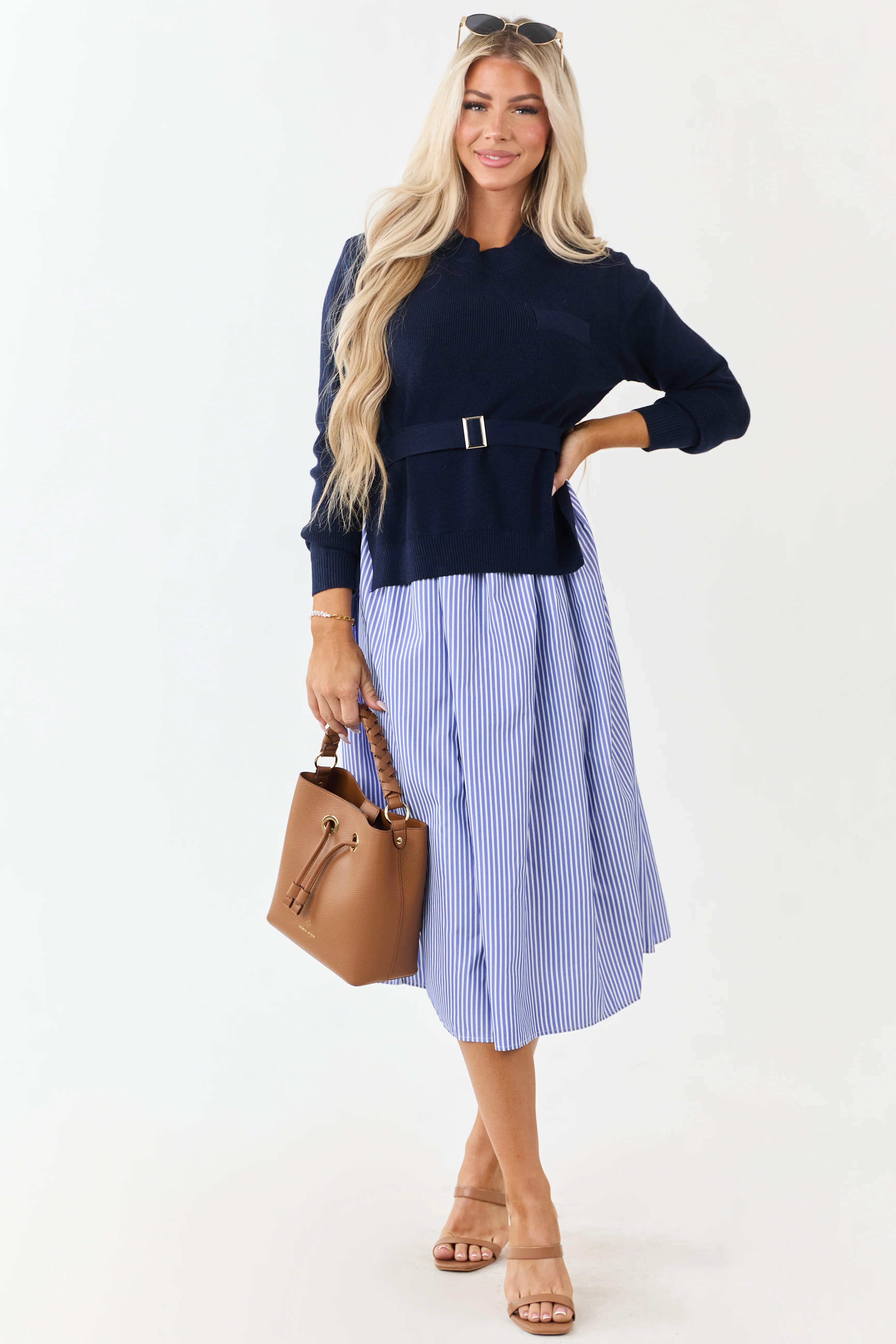 Navy Mock Neck Sweater Overlay Striped Midi Dress