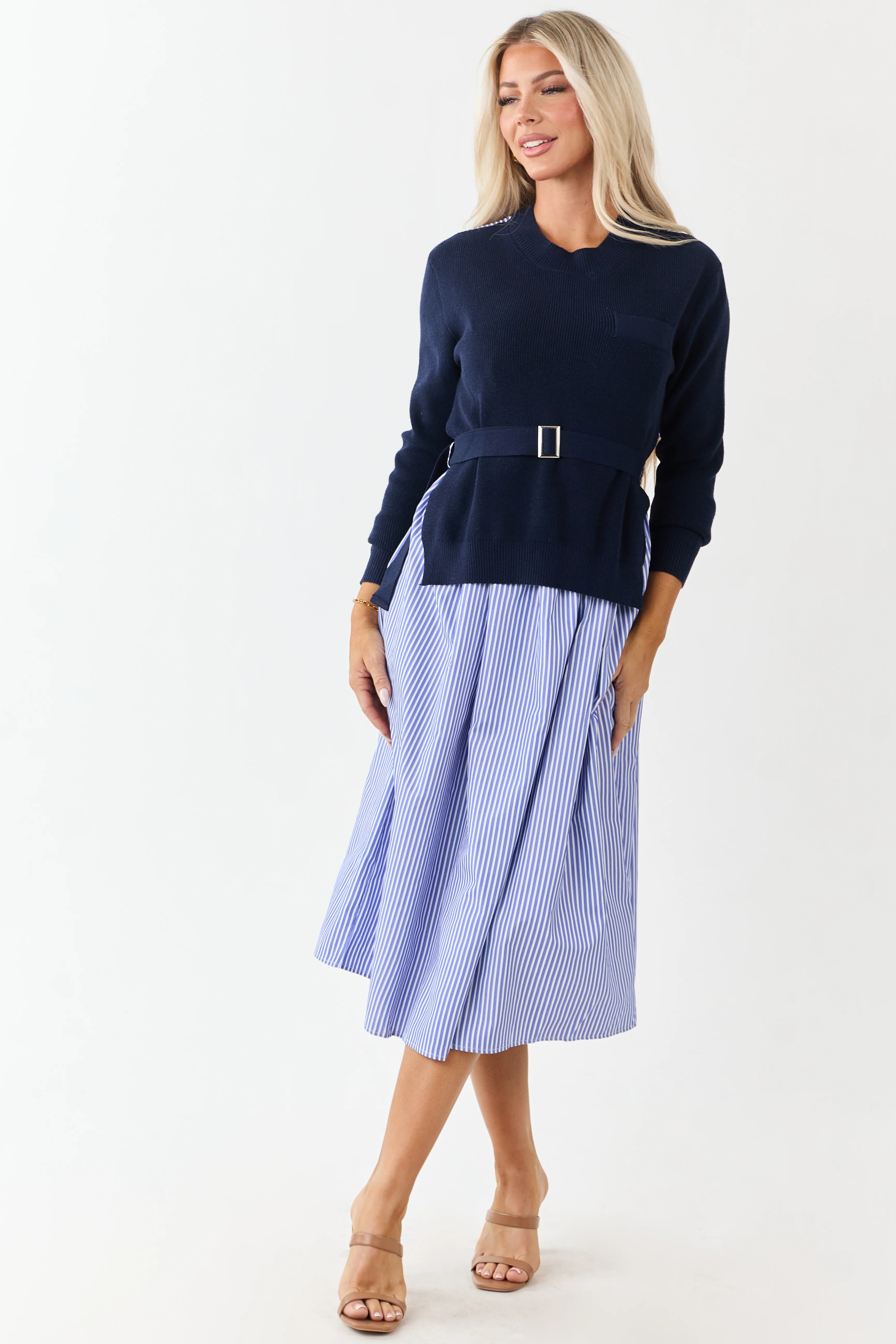 Navy Mock Neck Sweater Overlay Striped Midi Dress - Image 2
