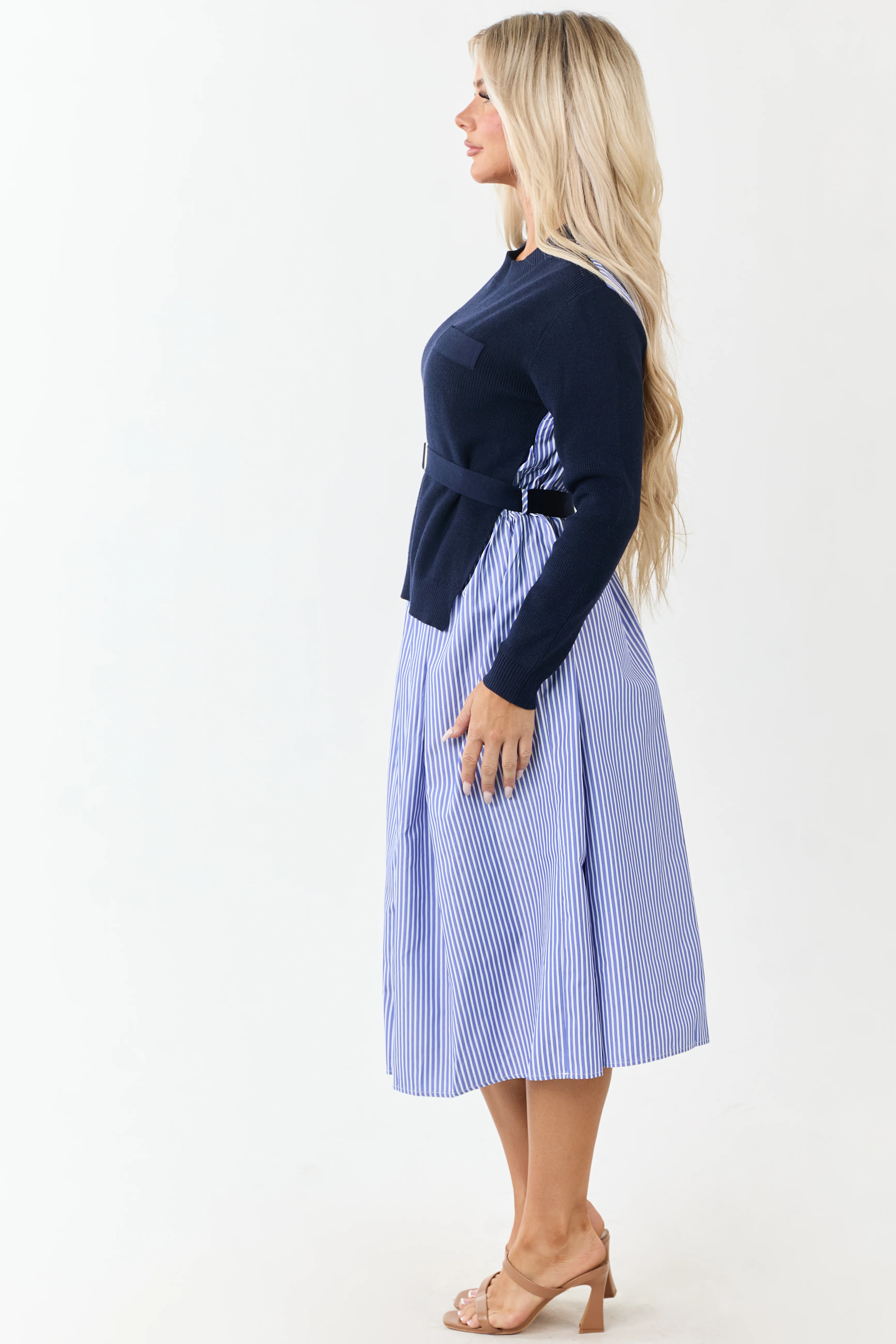 Navy Mock Neck Sweater Overlay Striped Midi Dress - Image 3