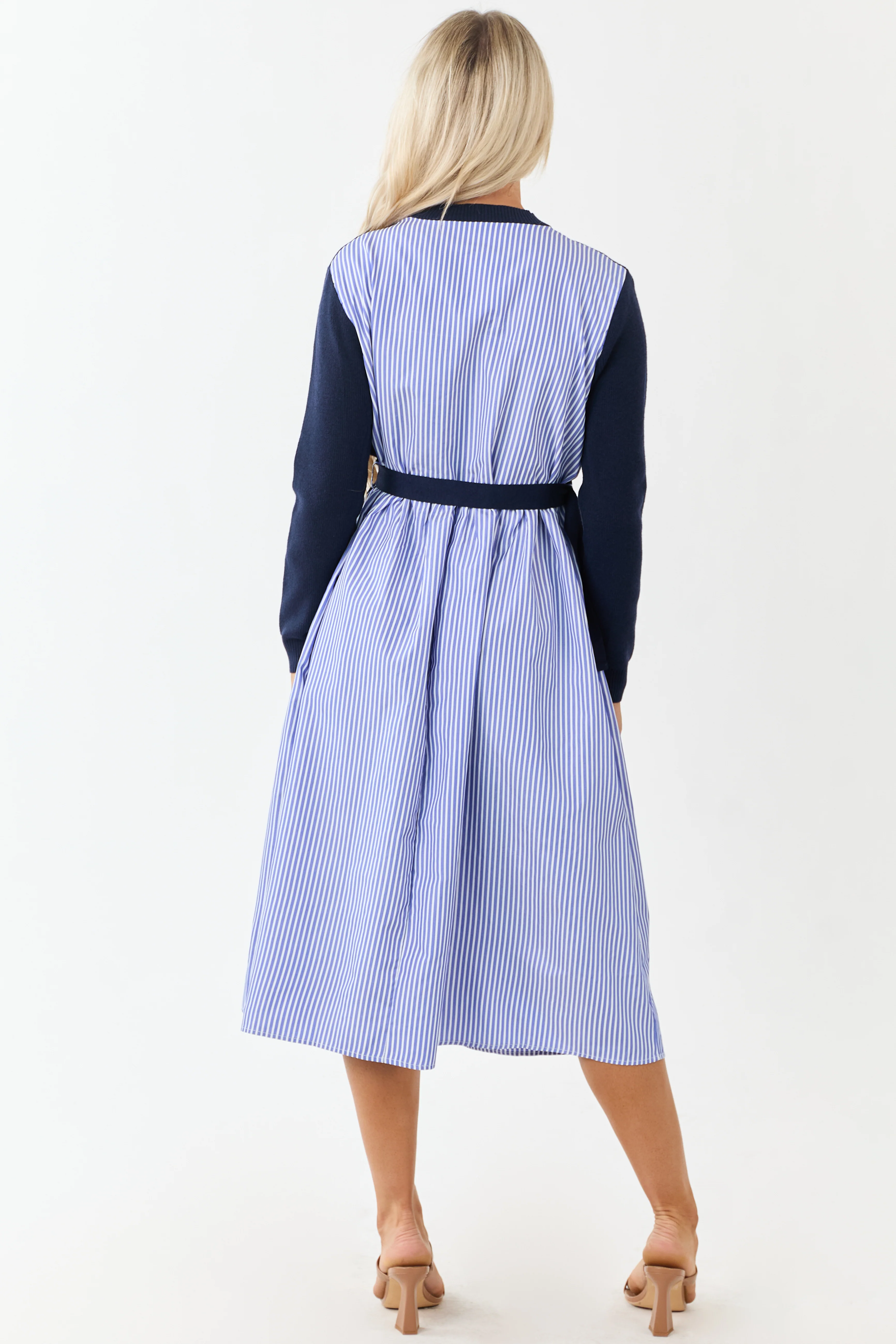 Navy Mock Neck Sweater Overlay Striped Midi Dress - Image 4