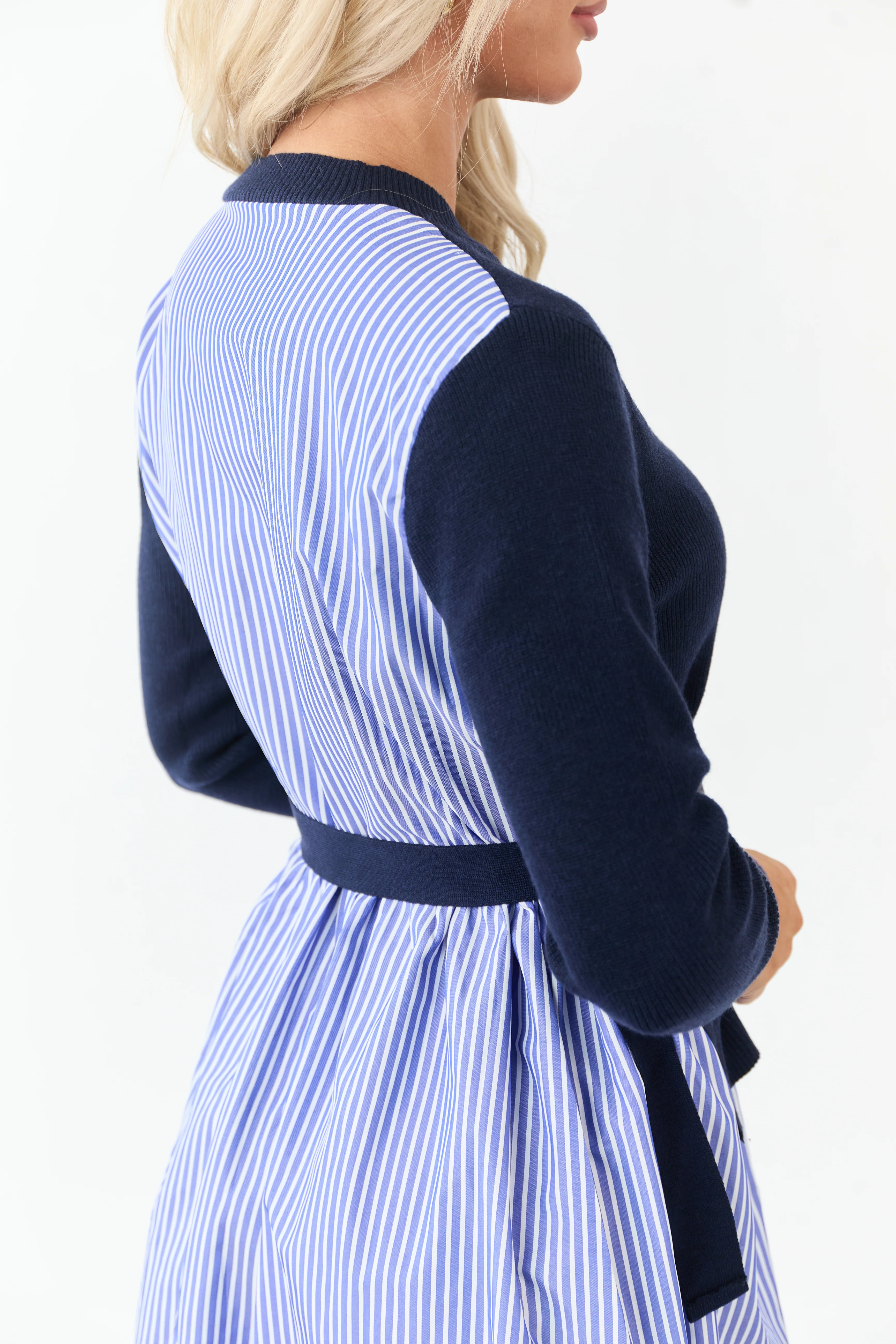 Navy Mock Neck Sweater Overlay Striped Midi Dress - Image 5