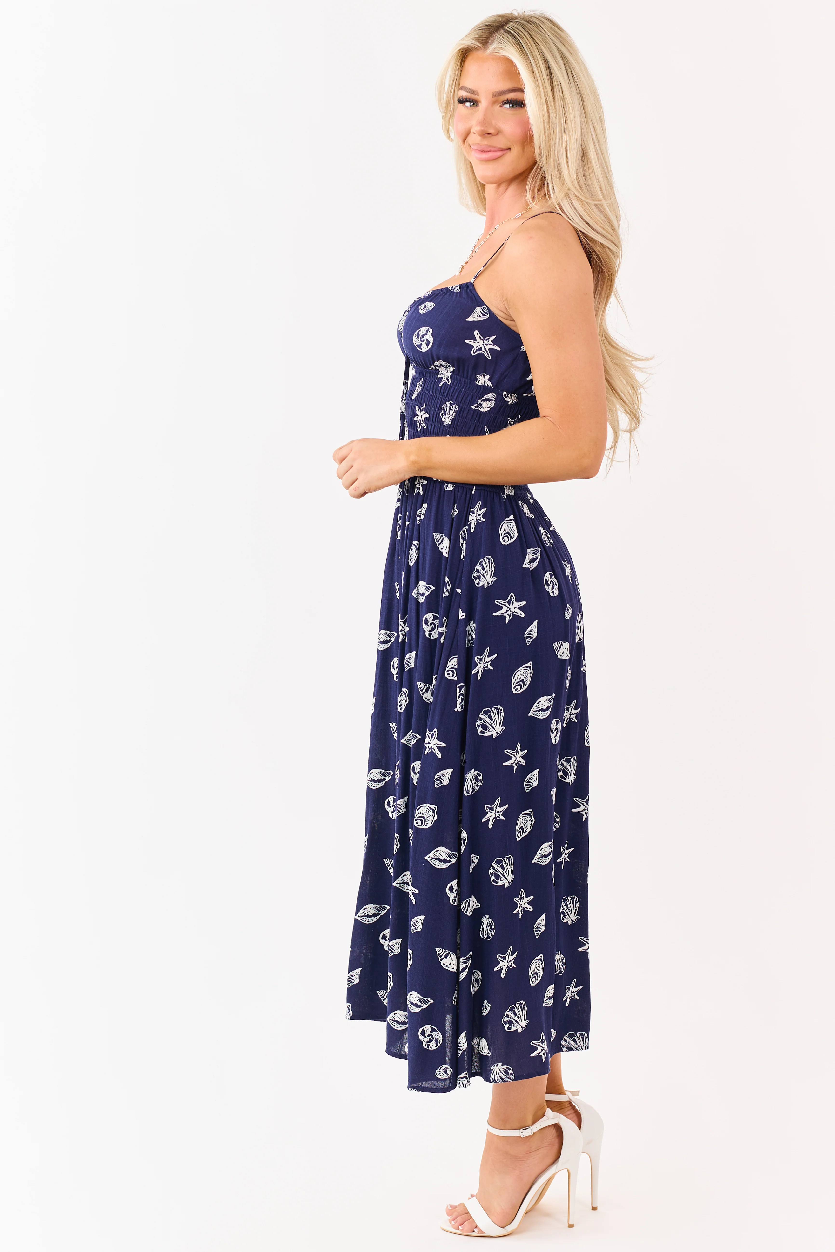 Navy Nautical Print Smocked Waist Midi Dress - Image 4
