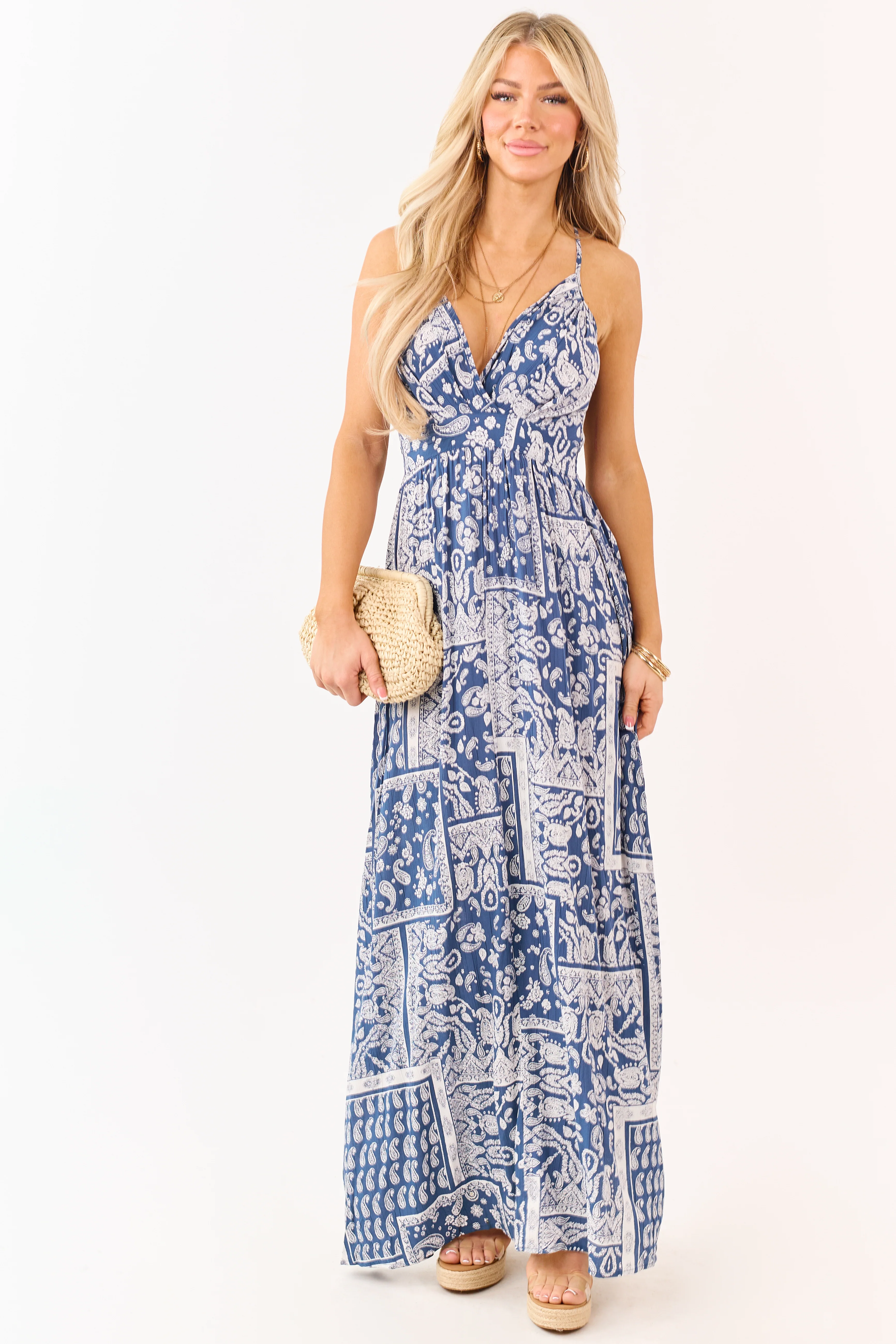 Navy Paisley Print Cross Strap V-Neck Maxi Dress