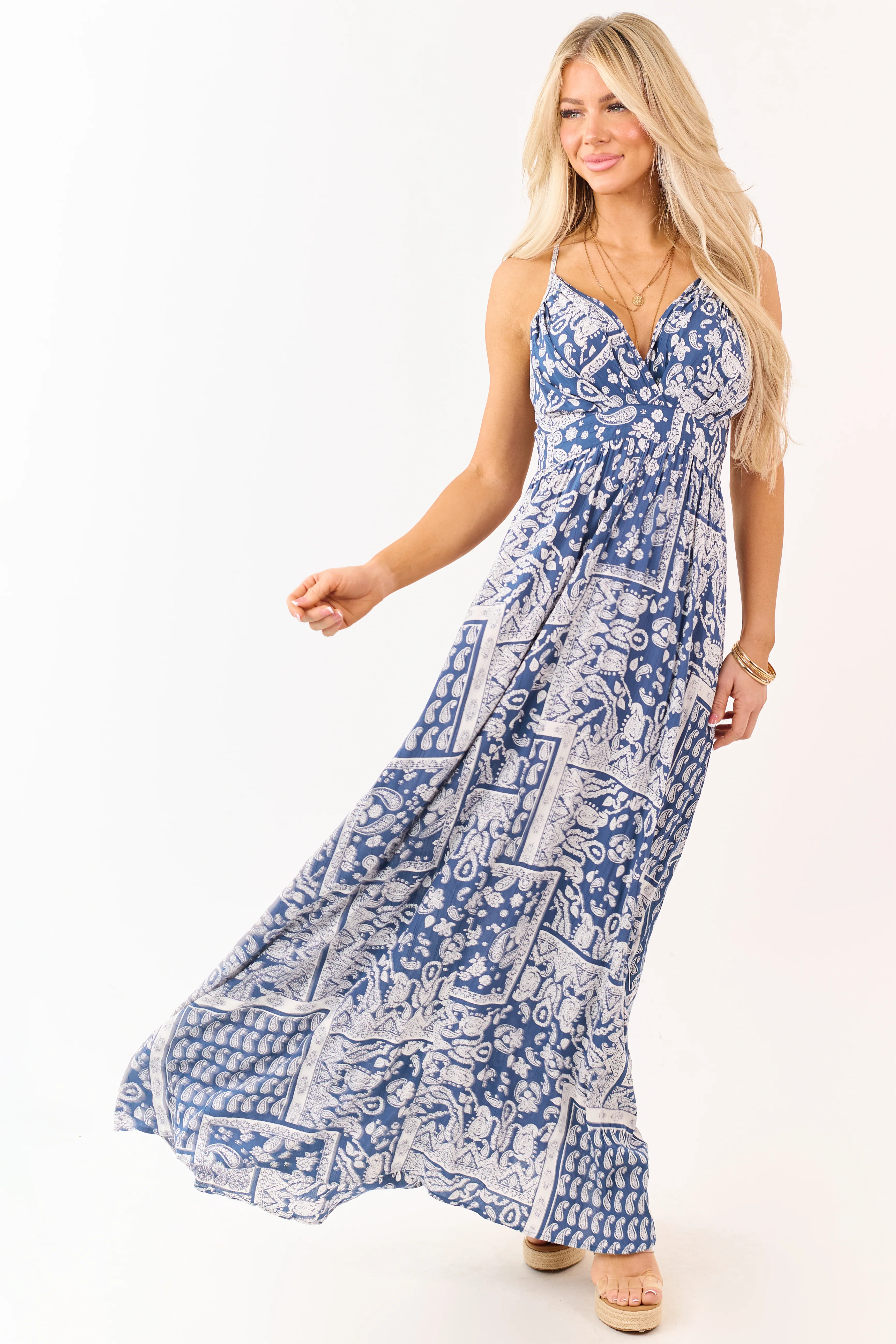 Navy Paisley Print Cross Strap V-Neck Maxi Dress - Image 4