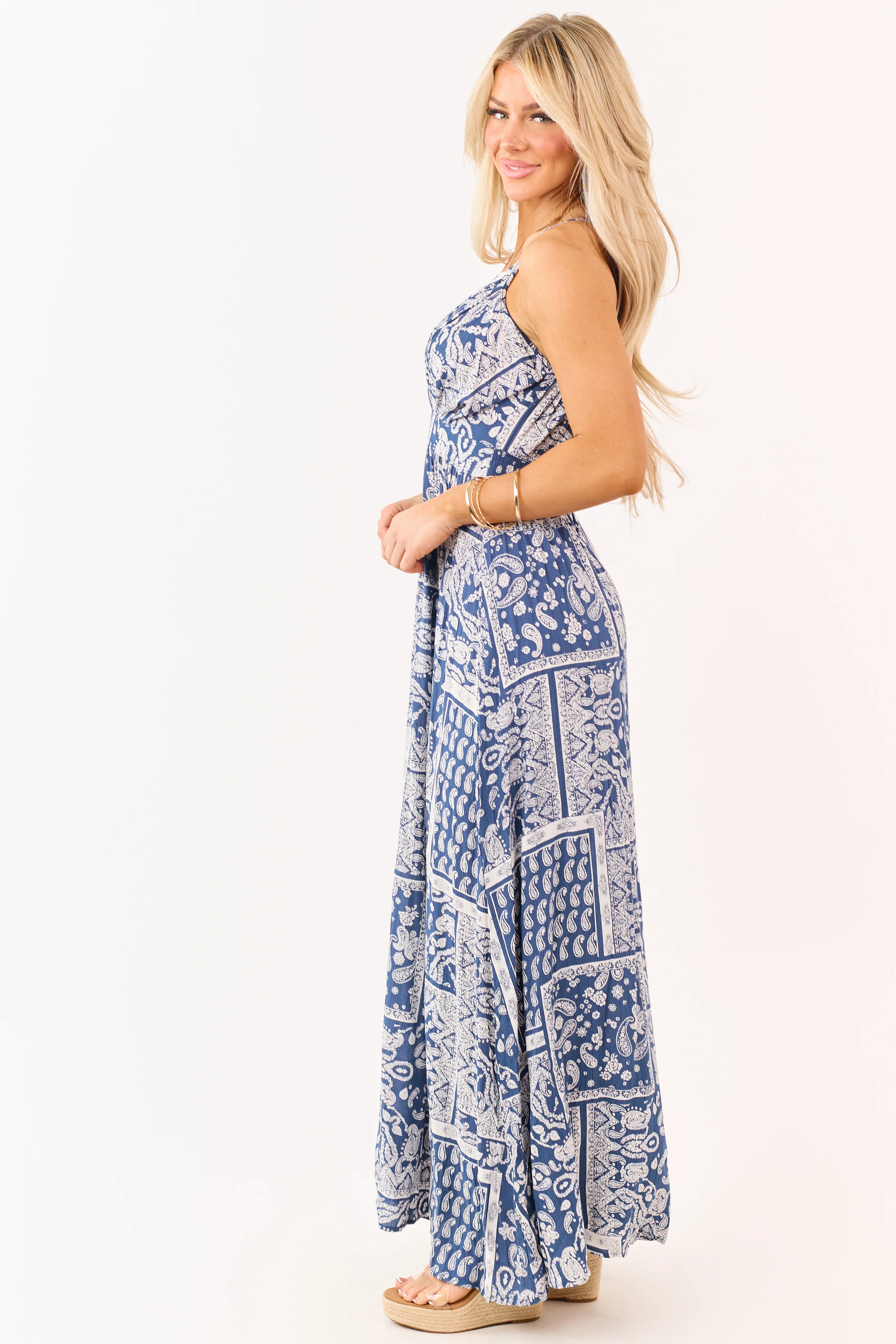 Navy Paisley Print Cross Strap V-Neck Maxi Dress - Image 5