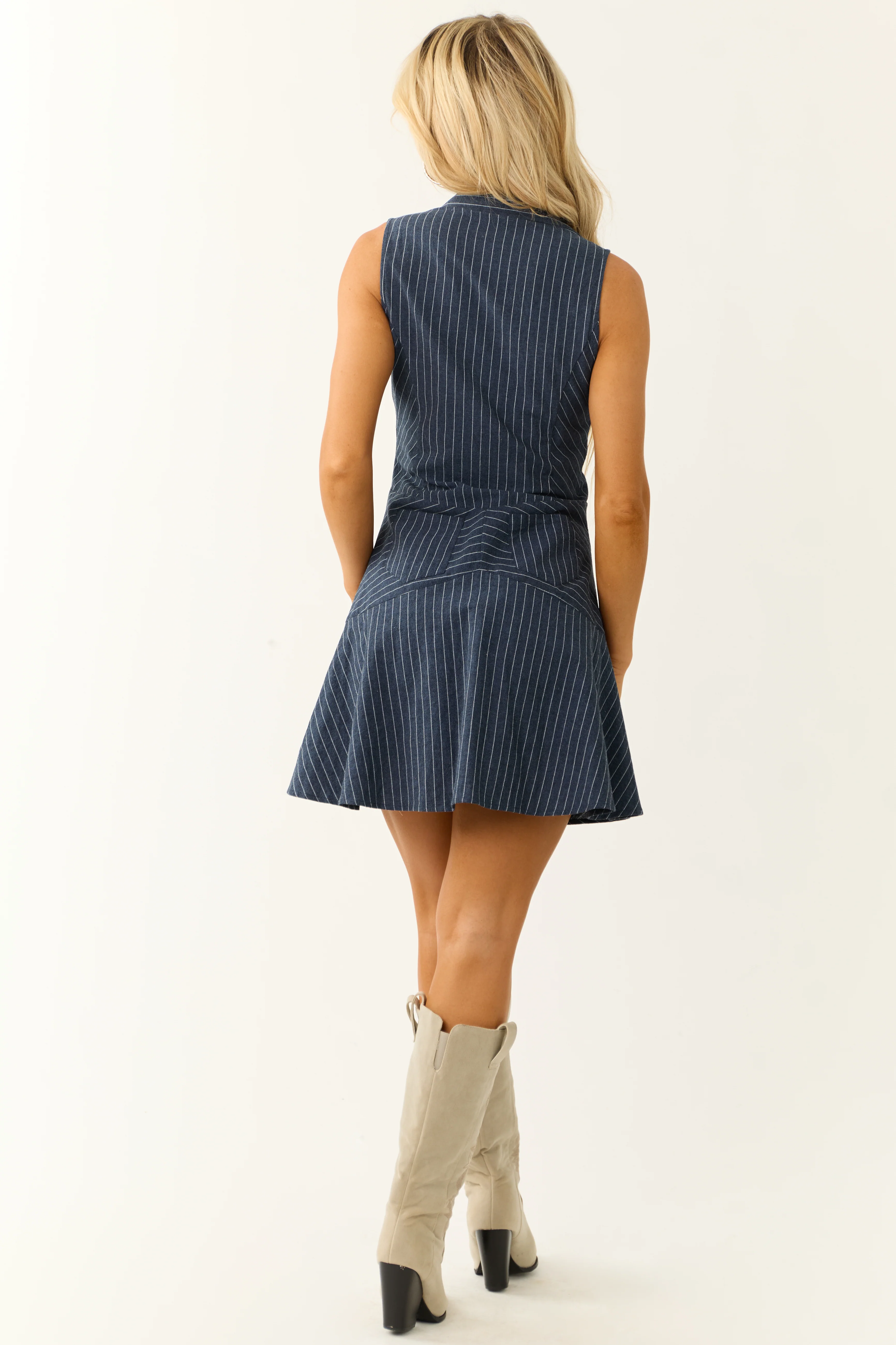 Navy Pinstripe Button Up Linen Short Dress - Image 7