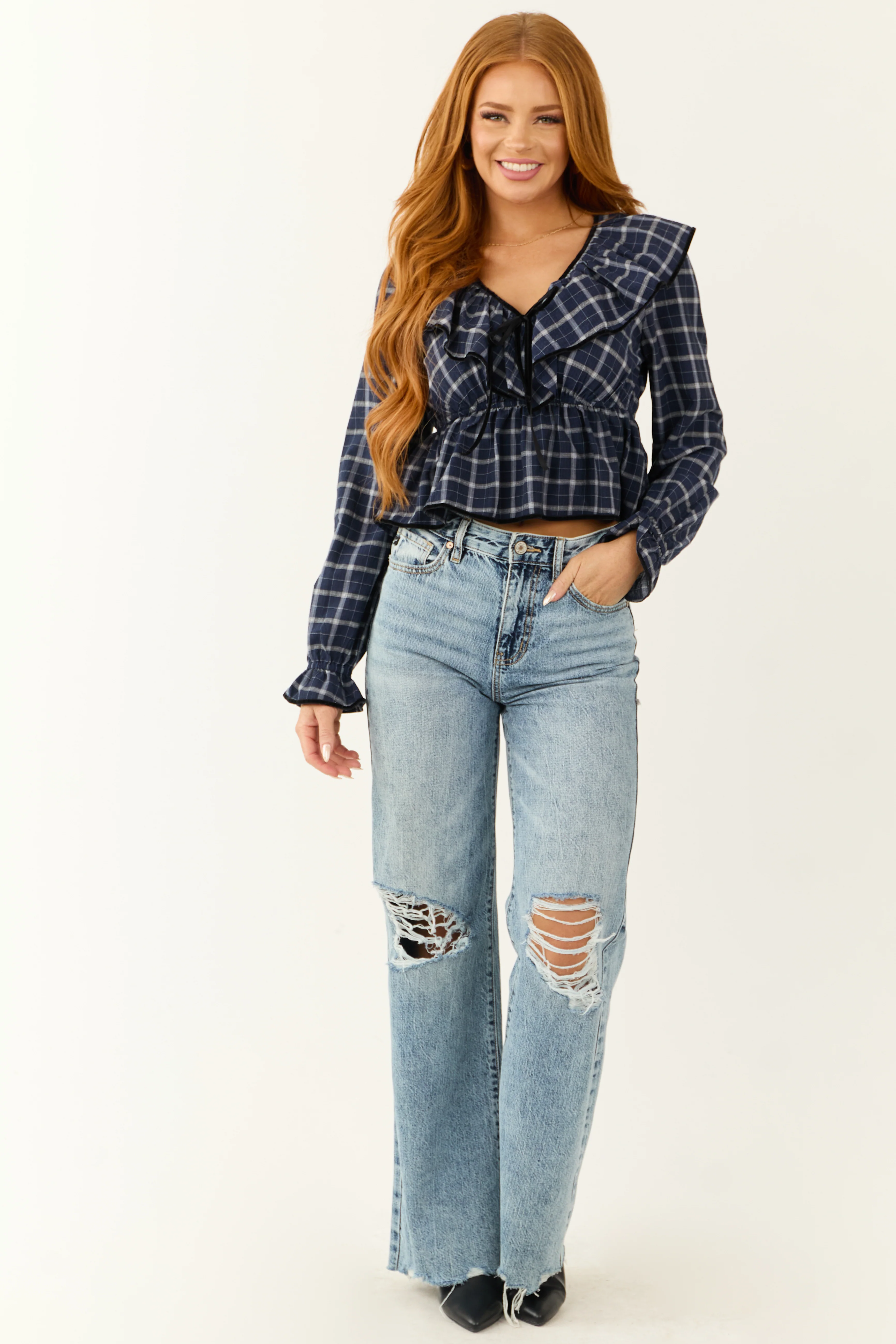 Navy Plaid V Neck Velvet Trim Long Sleeve Top - Image 2