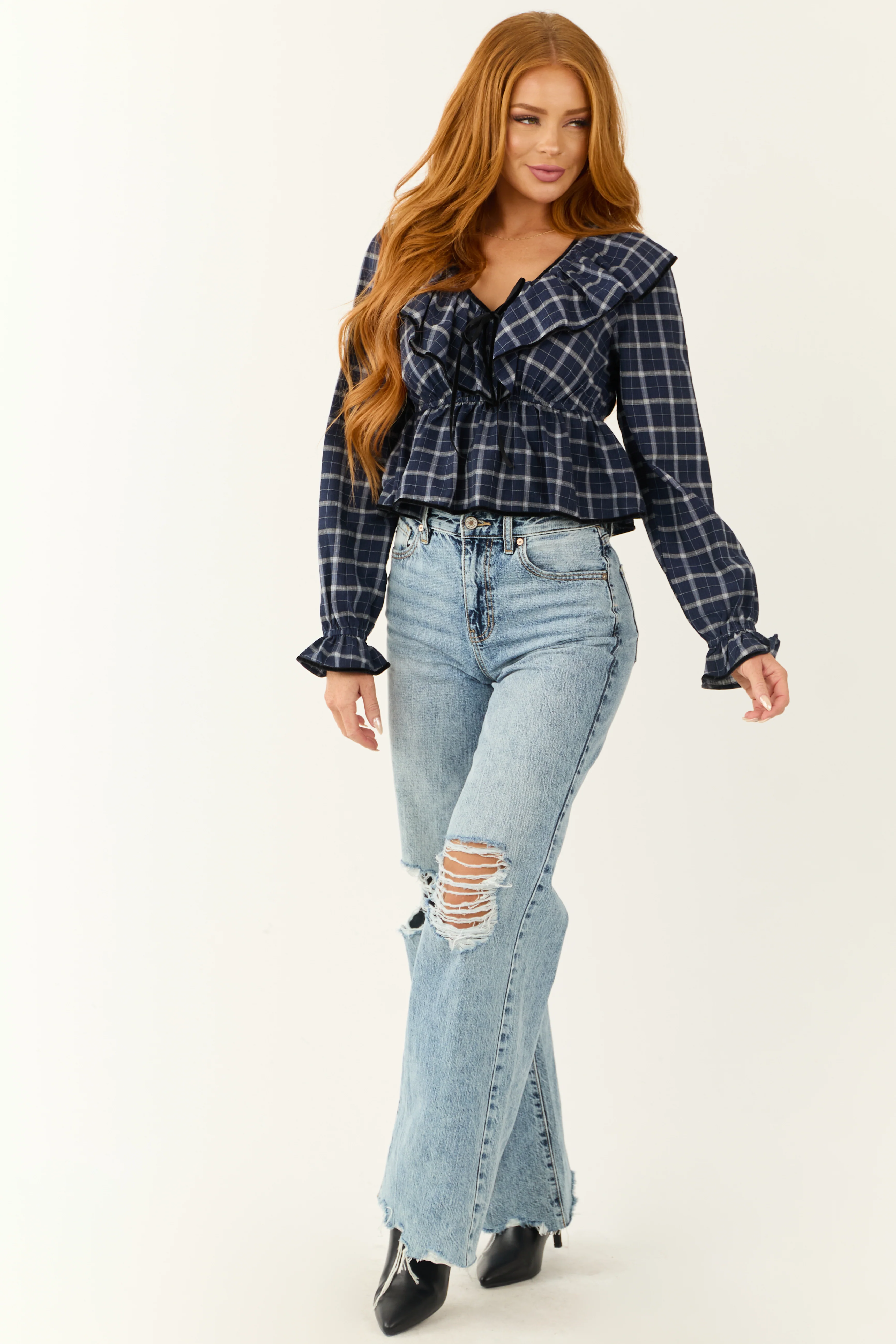 Navy Plaid V Neck Velvet Trim Long Sleeve Top - Image 3