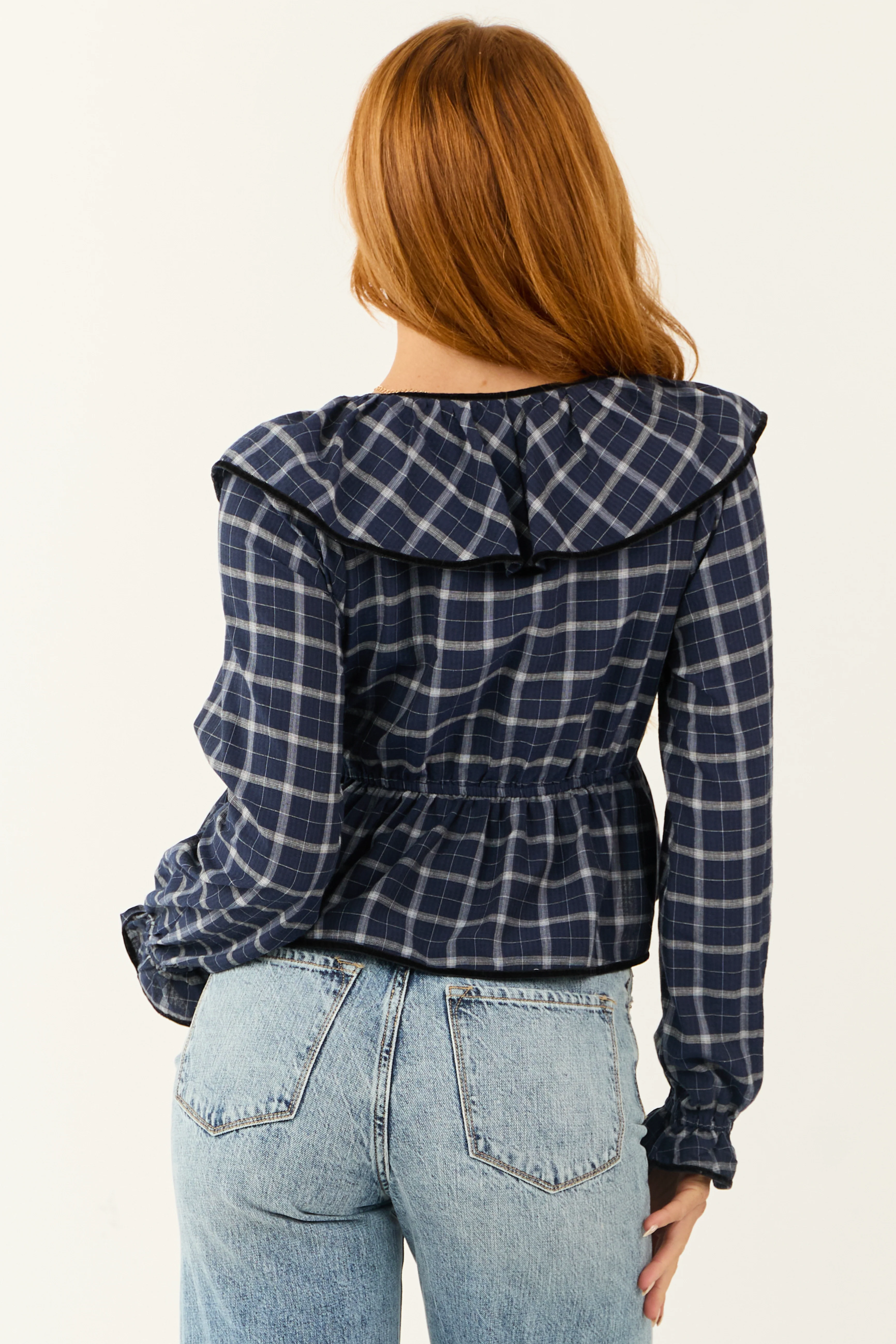 Navy Plaid V Neck Velvet Trim Long Sleeve Top - Image 5