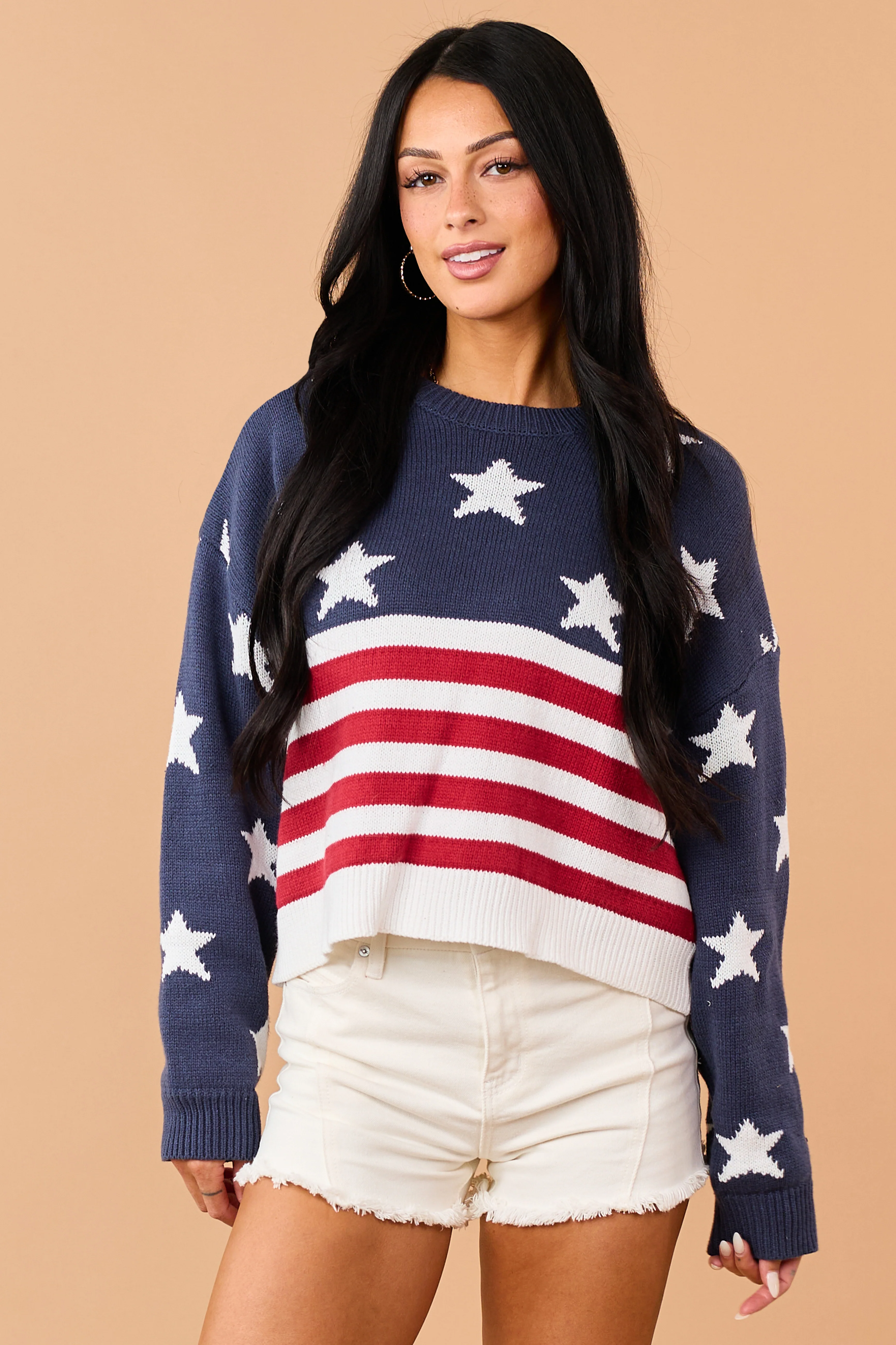 Navy Rib Knit American Flag Long Sleeve Sweater