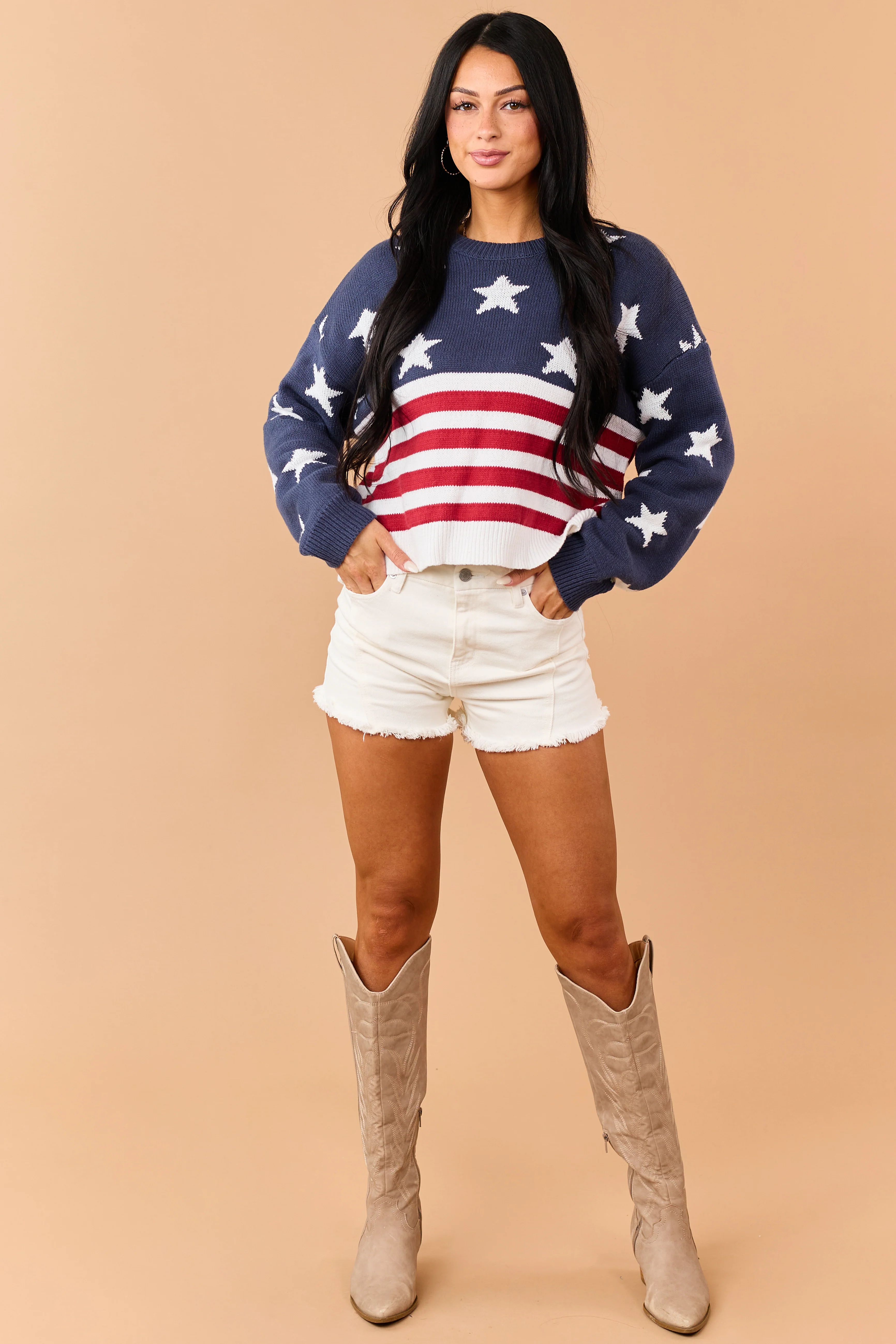 Navy Rib Knit American Flag Long Sleeve Sweater - Image 2