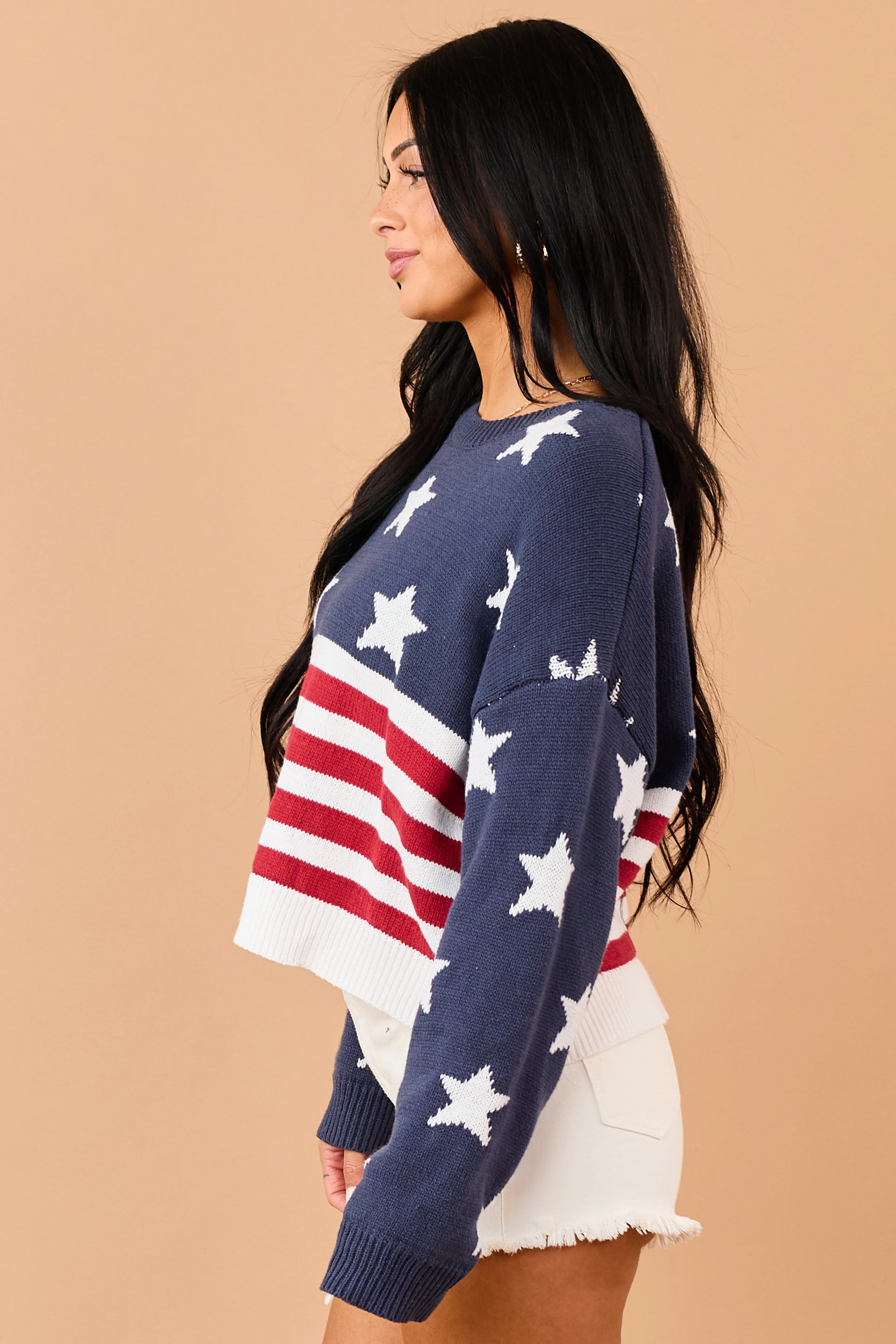 Navy Rib Knit American Flag Long Sleeve Sweater - Image 5