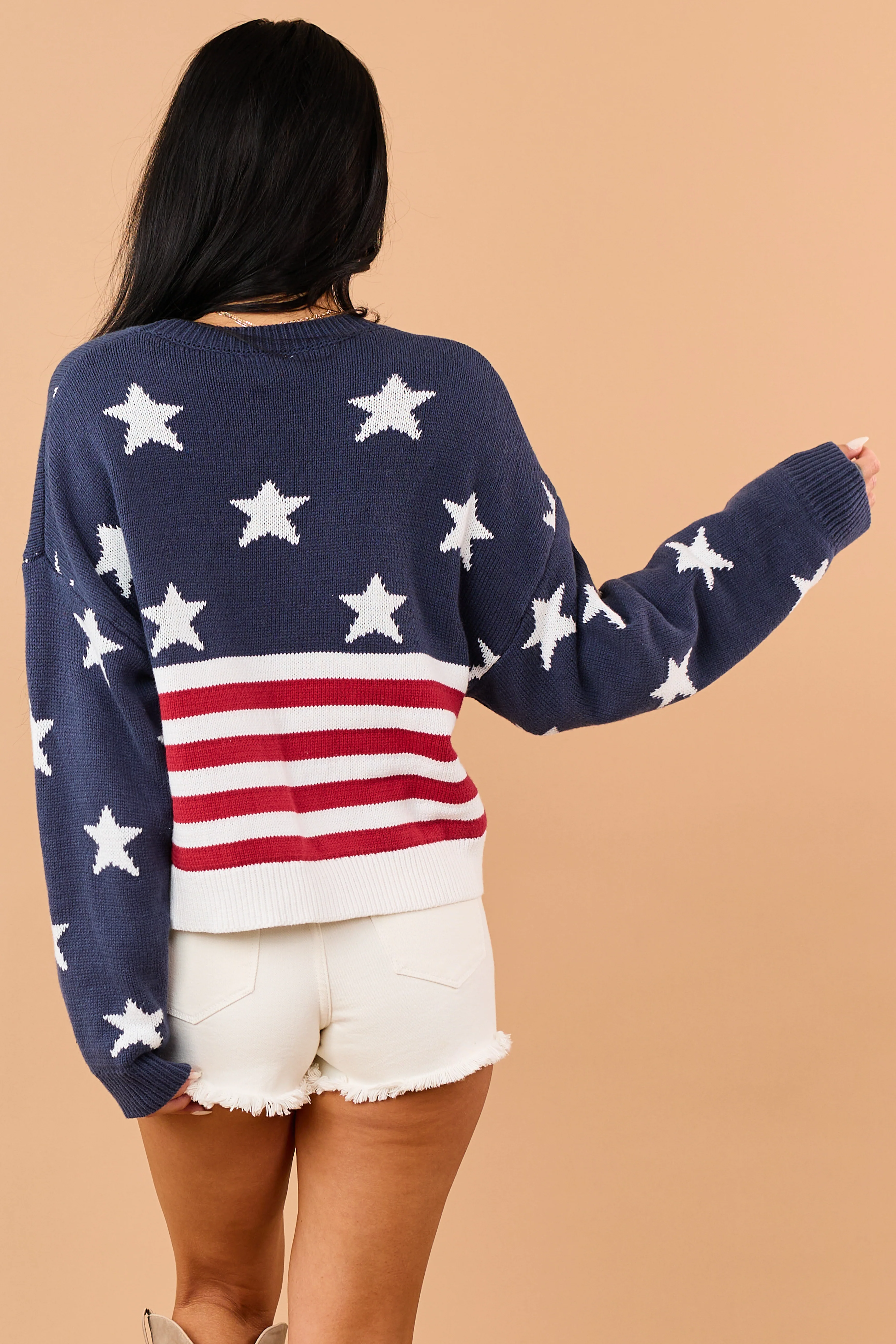 Navy Rib Knit American Flag Long Sleeve Sweater - Image 6