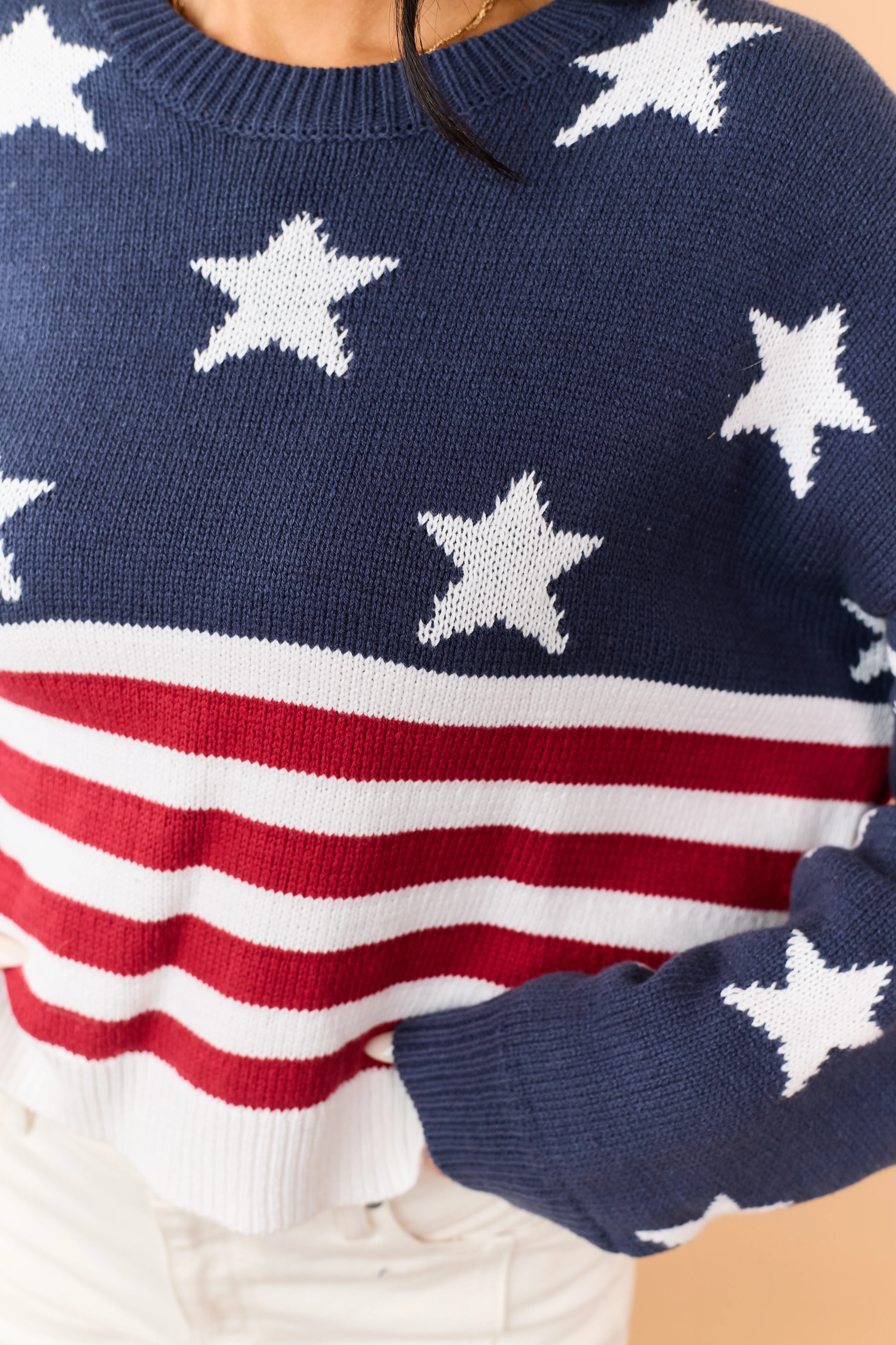 Navy Rib Knit American Flag Long Sleeve Sweater - Image 7
