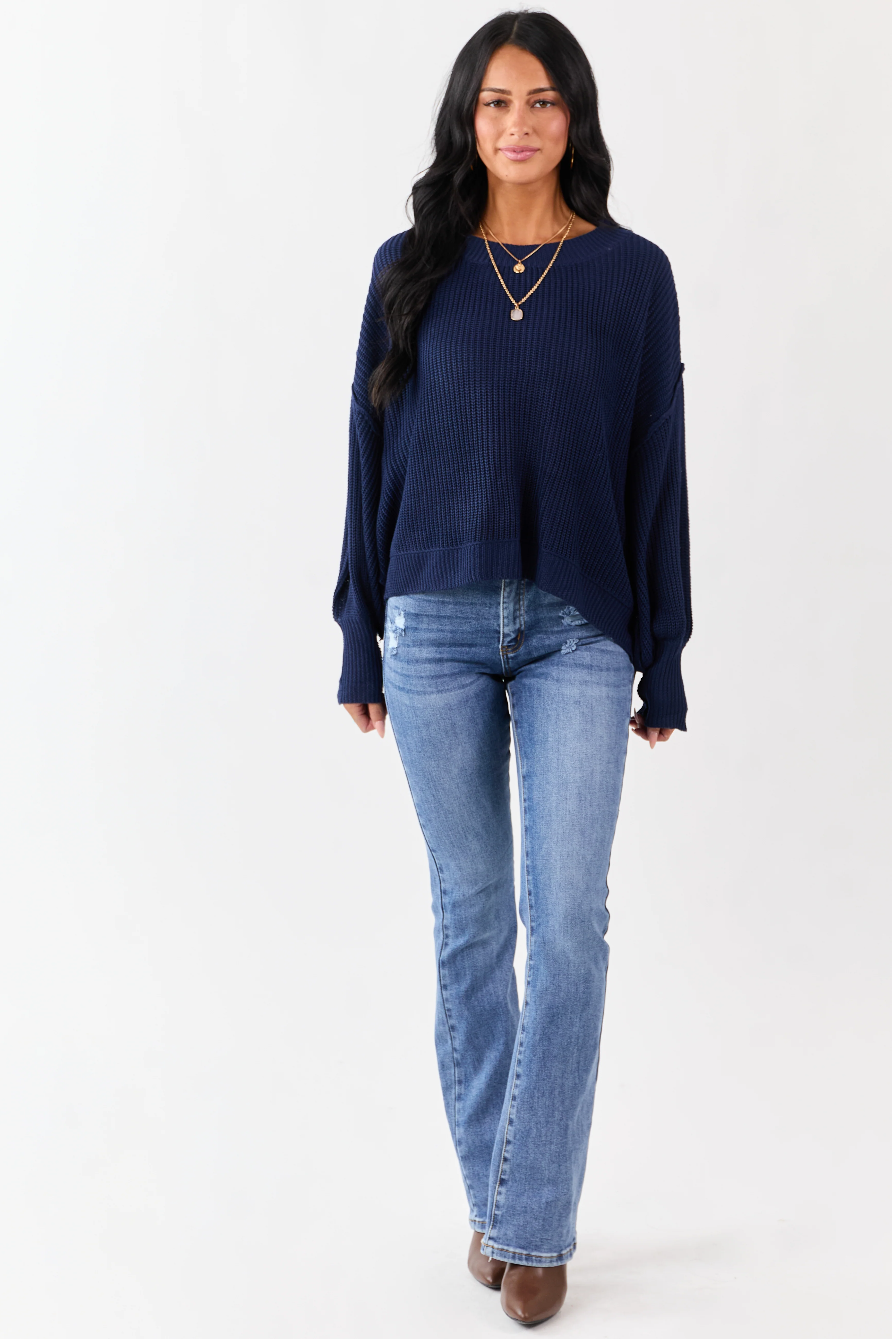 Navy Rib Knit High-Low Hem Balloon Sleeve Sweater - Image 3