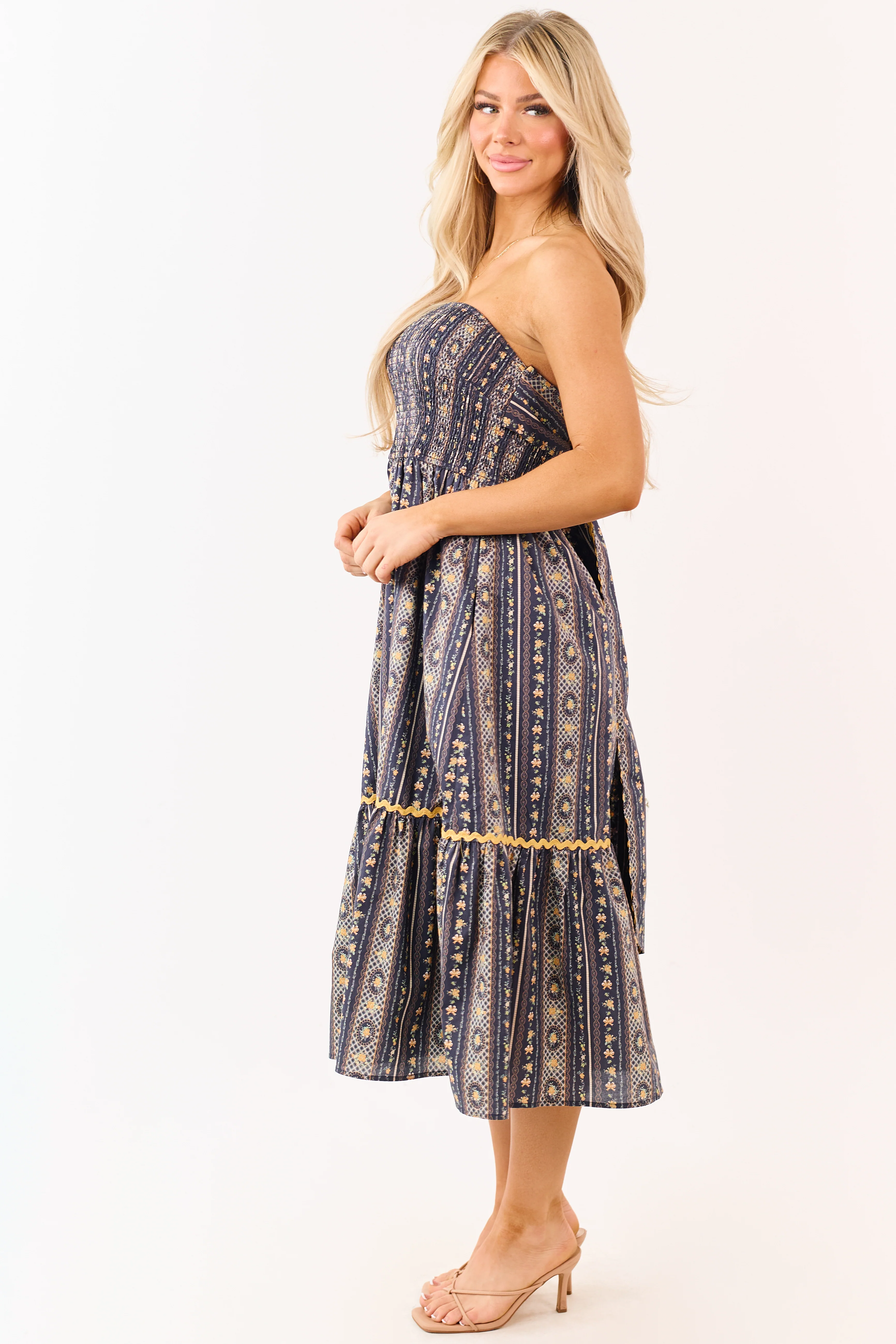 Navy Strapless Vintage Floral Cotton Midi Dress - Image 5