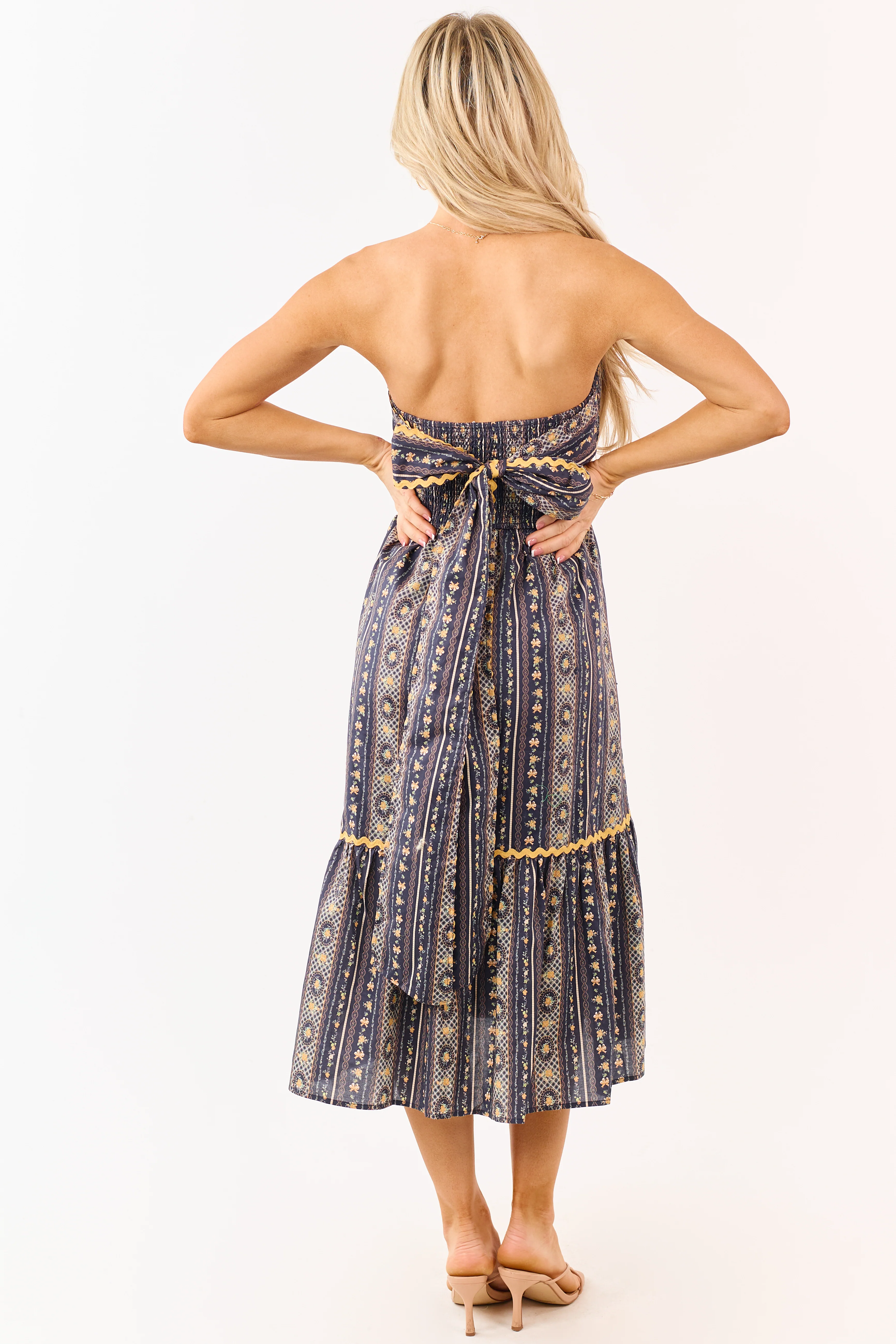 Navy Strapless Vintage Floral Cotton Midi Dress - Image 6