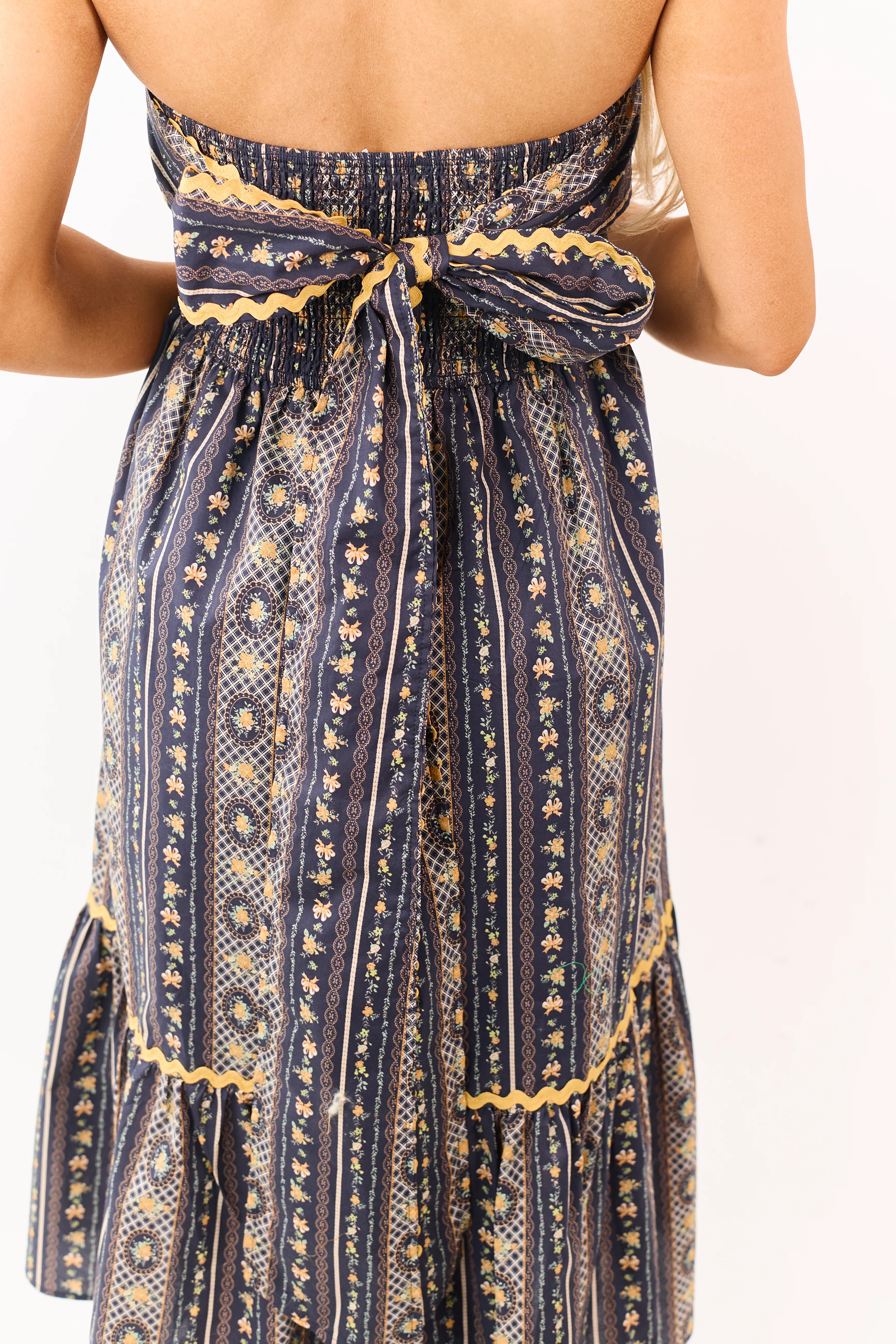 Navy Strapless Vintage Floral Cotton Midi Dress - Image 7