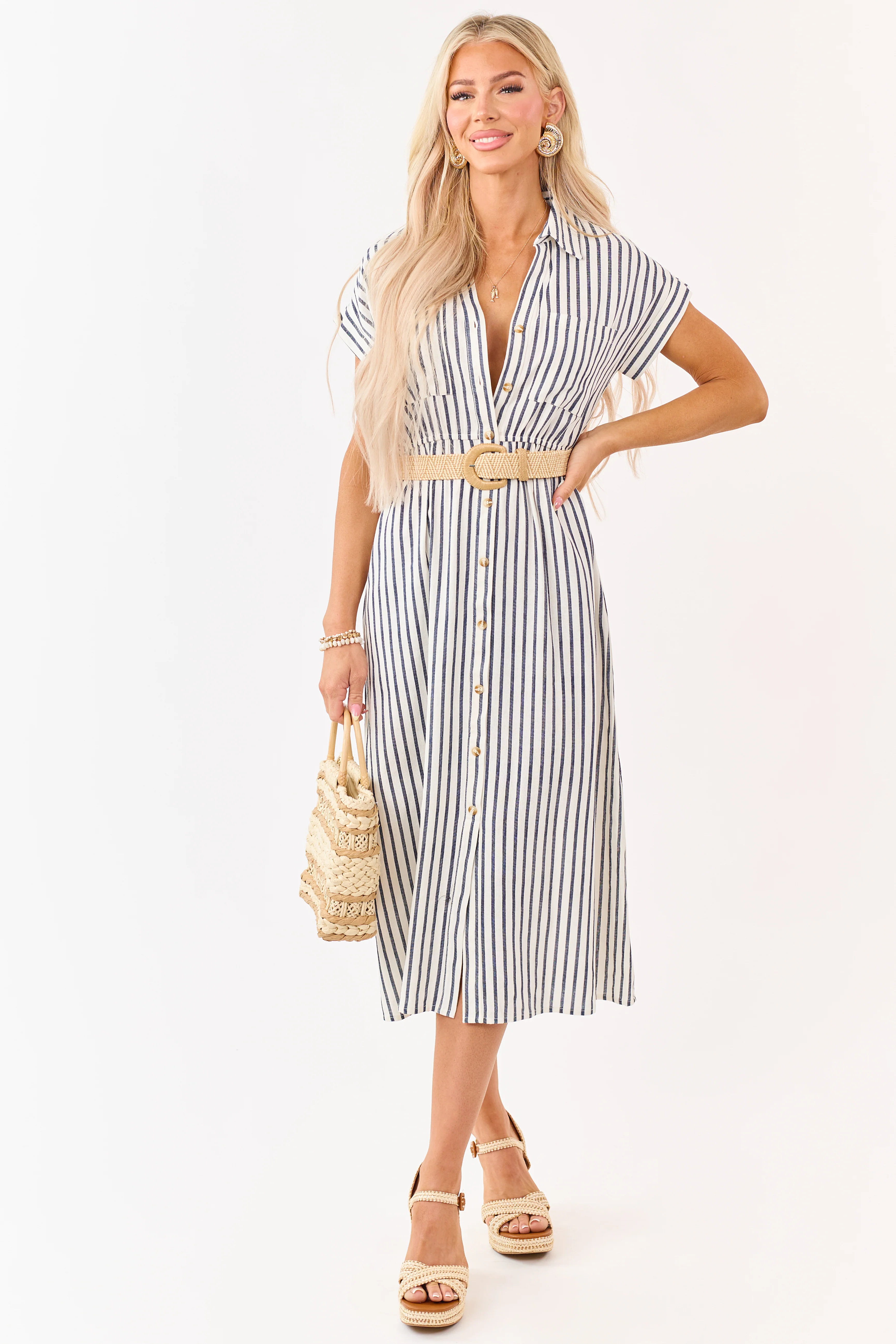 Navy Striped Button Down Midi Dress with Belt - Image 3