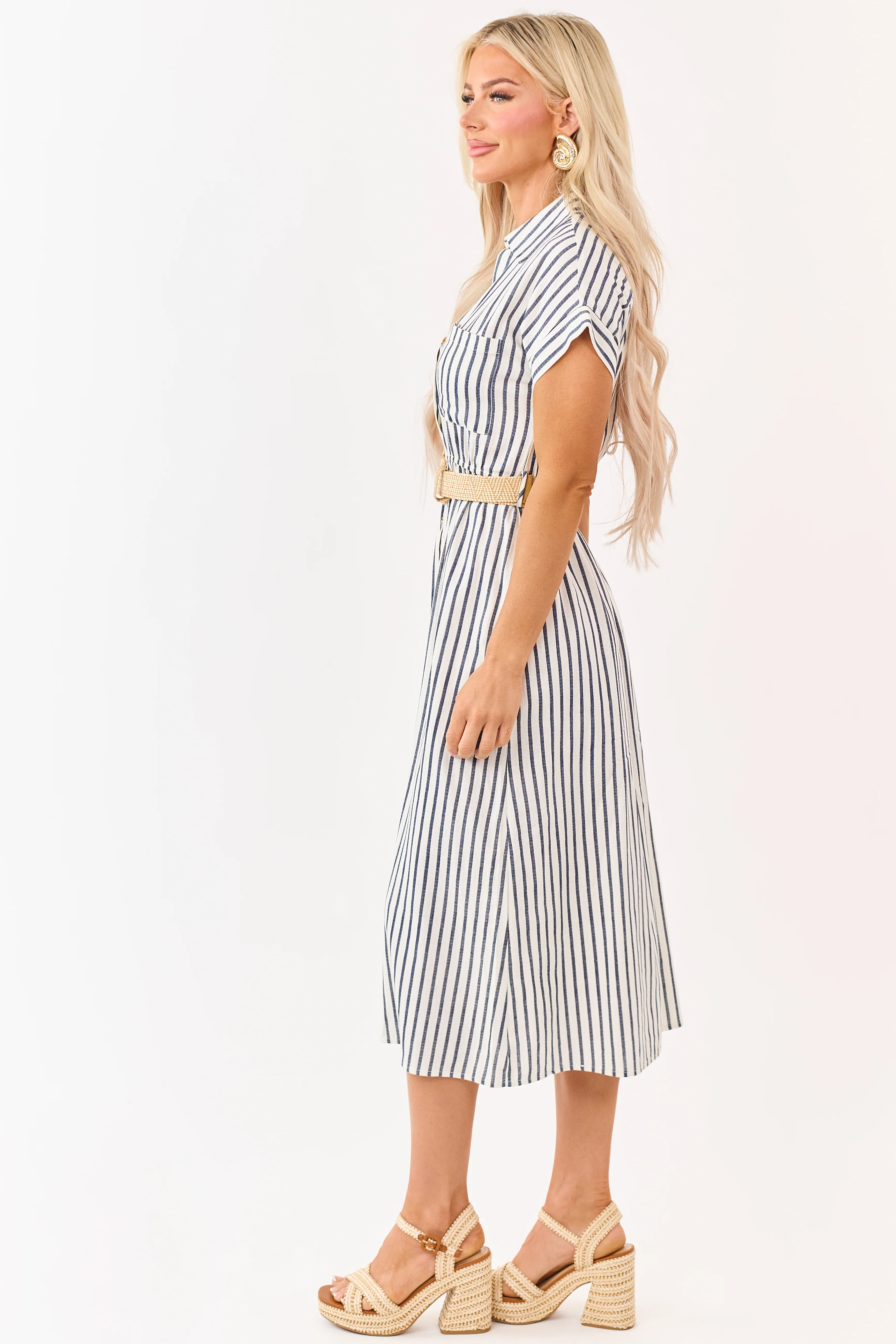Navy Striped Button Down Midi Dress with Belt - Image 4