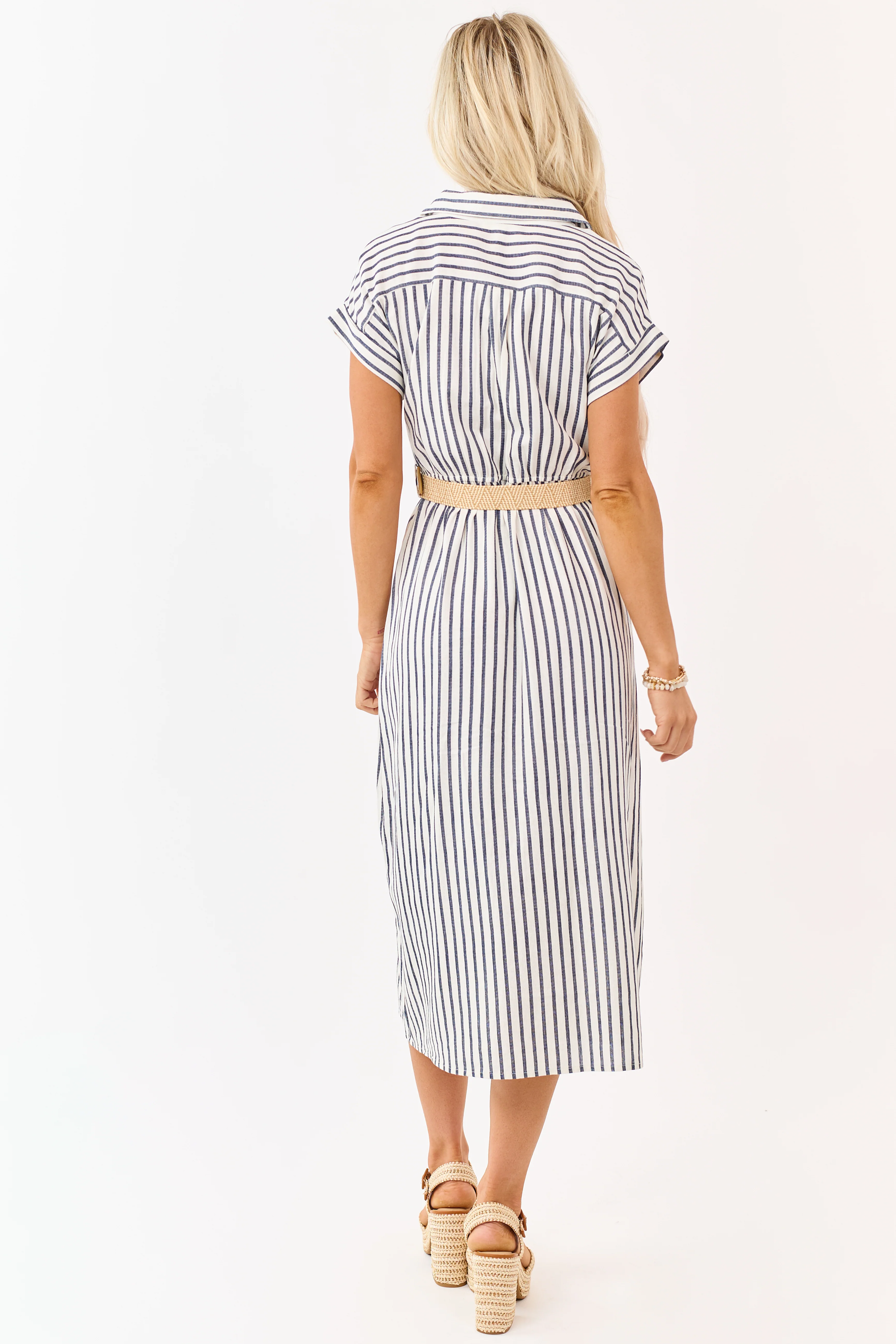 Navy Striped Button Down Midi Dress with Belt - Image 5