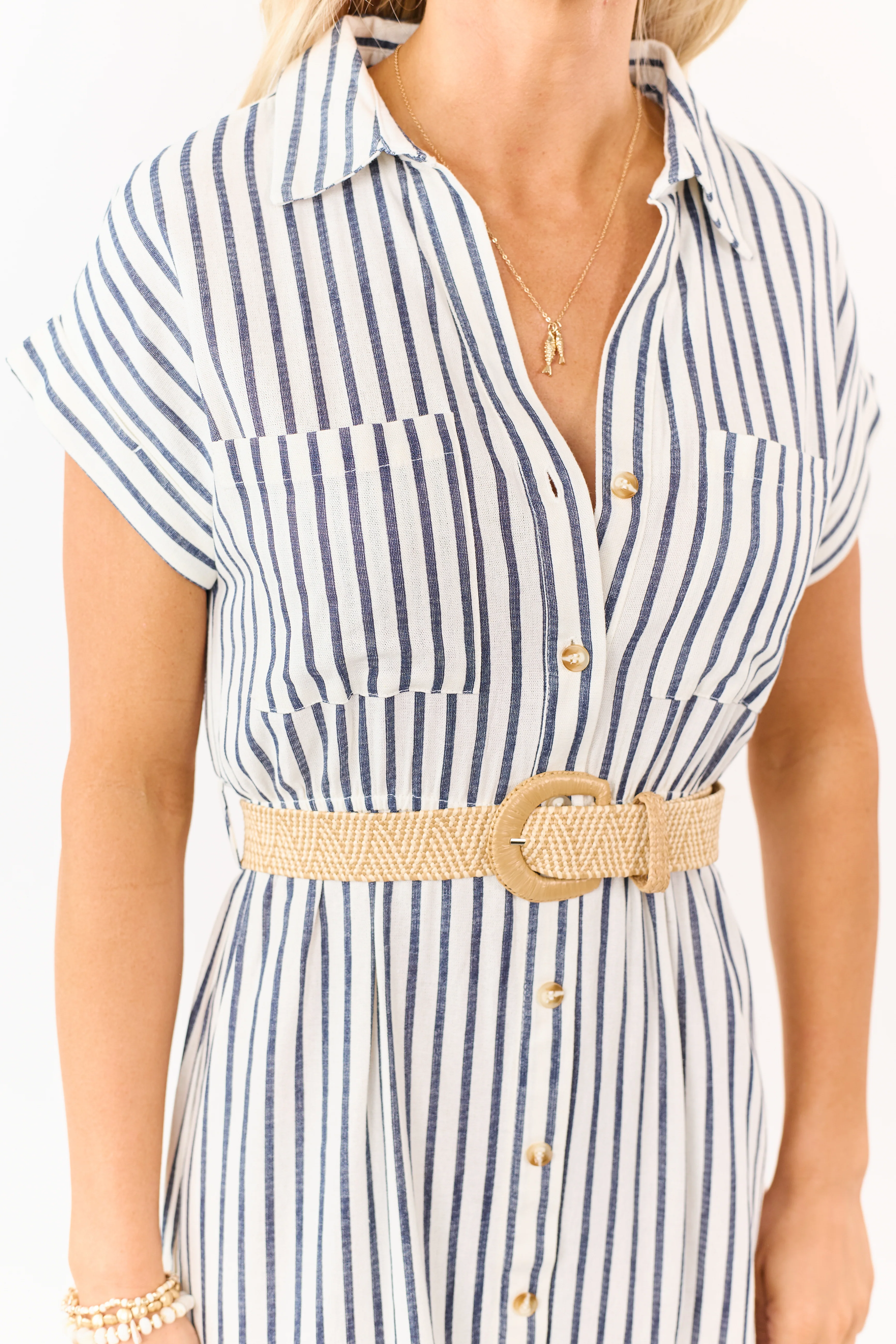 Navy Striped Button Down Midi Dress with Belt - Image 6