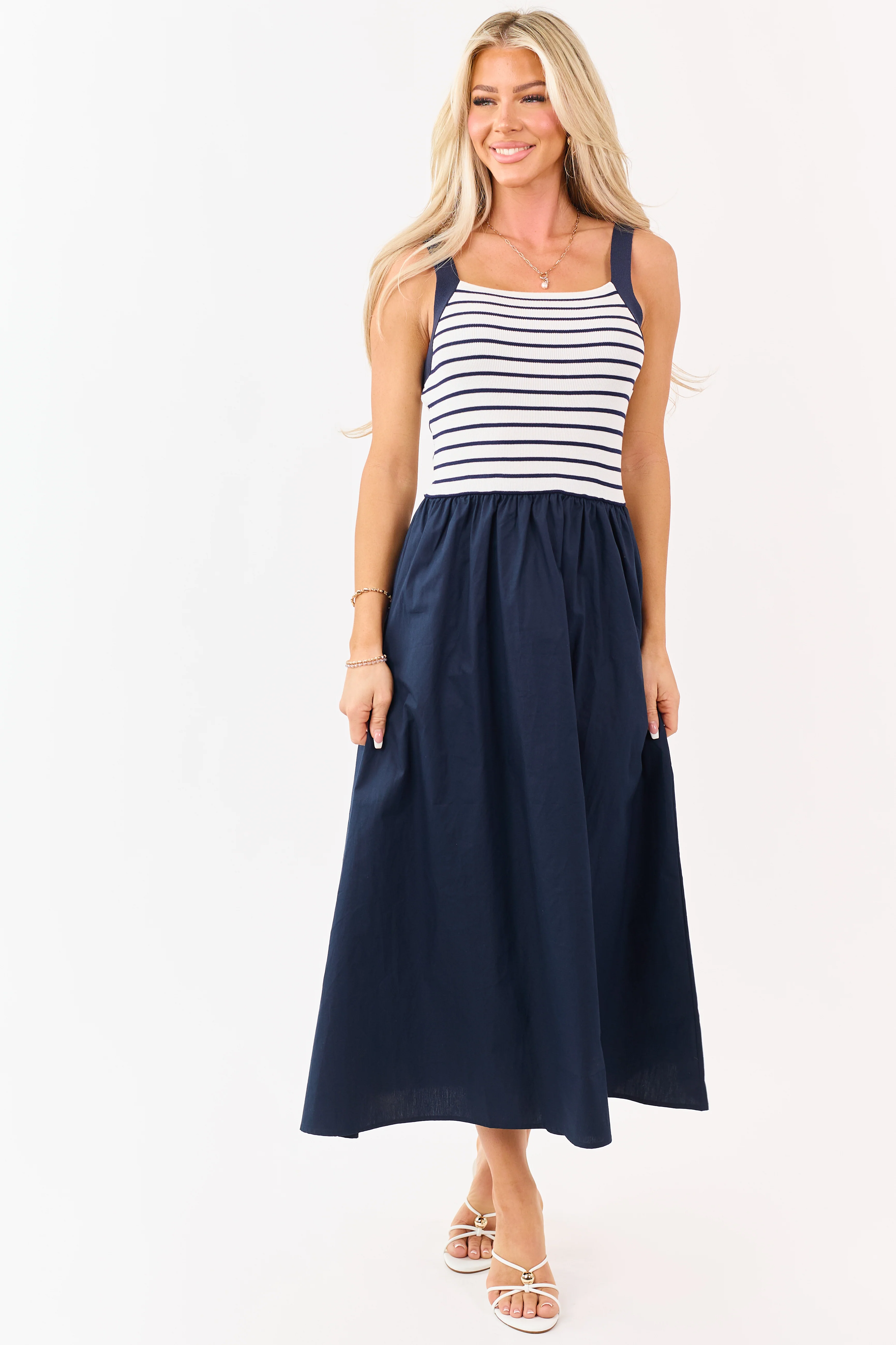 Navy Striped Knit Contrast Cotton Skirt Midi Dress - Image 2